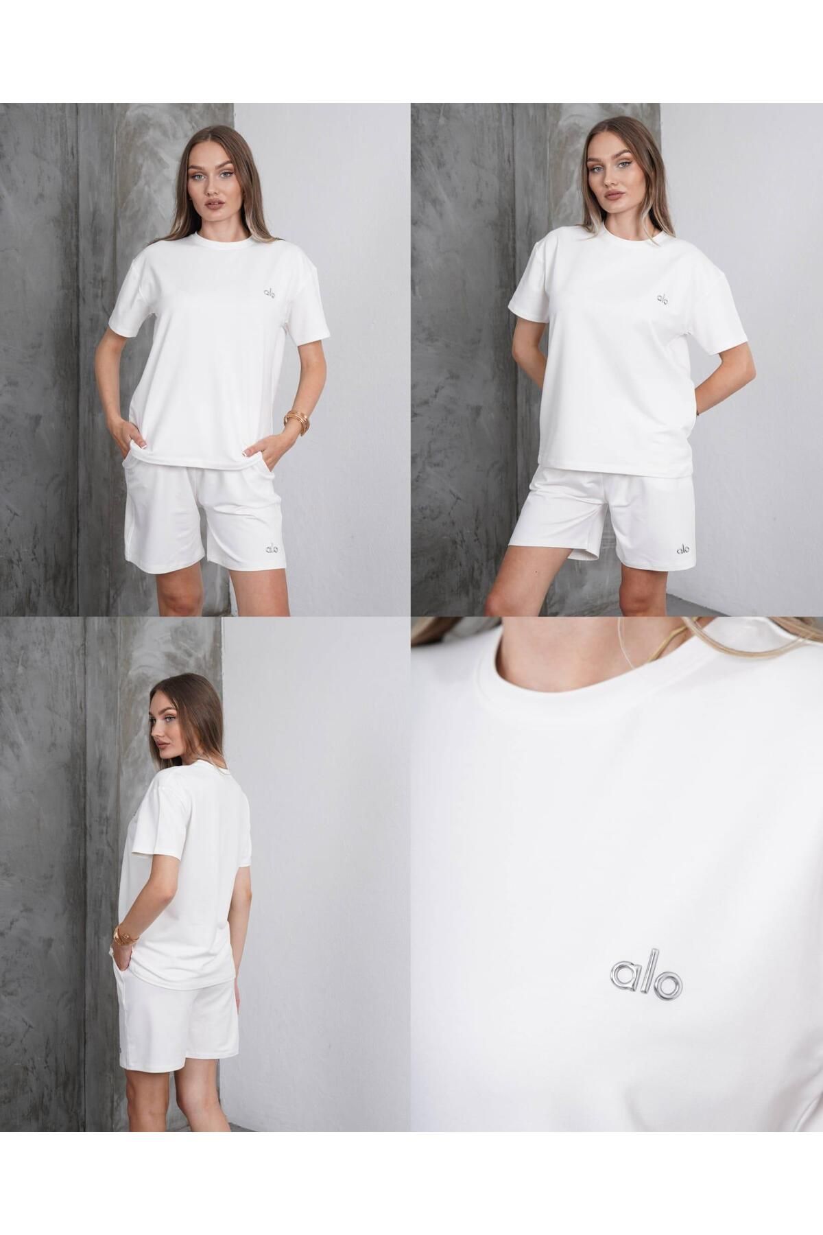 RAPAPA Kadın Oversize Beyaz Şortlu Takım – Rahat Kalıp 2806