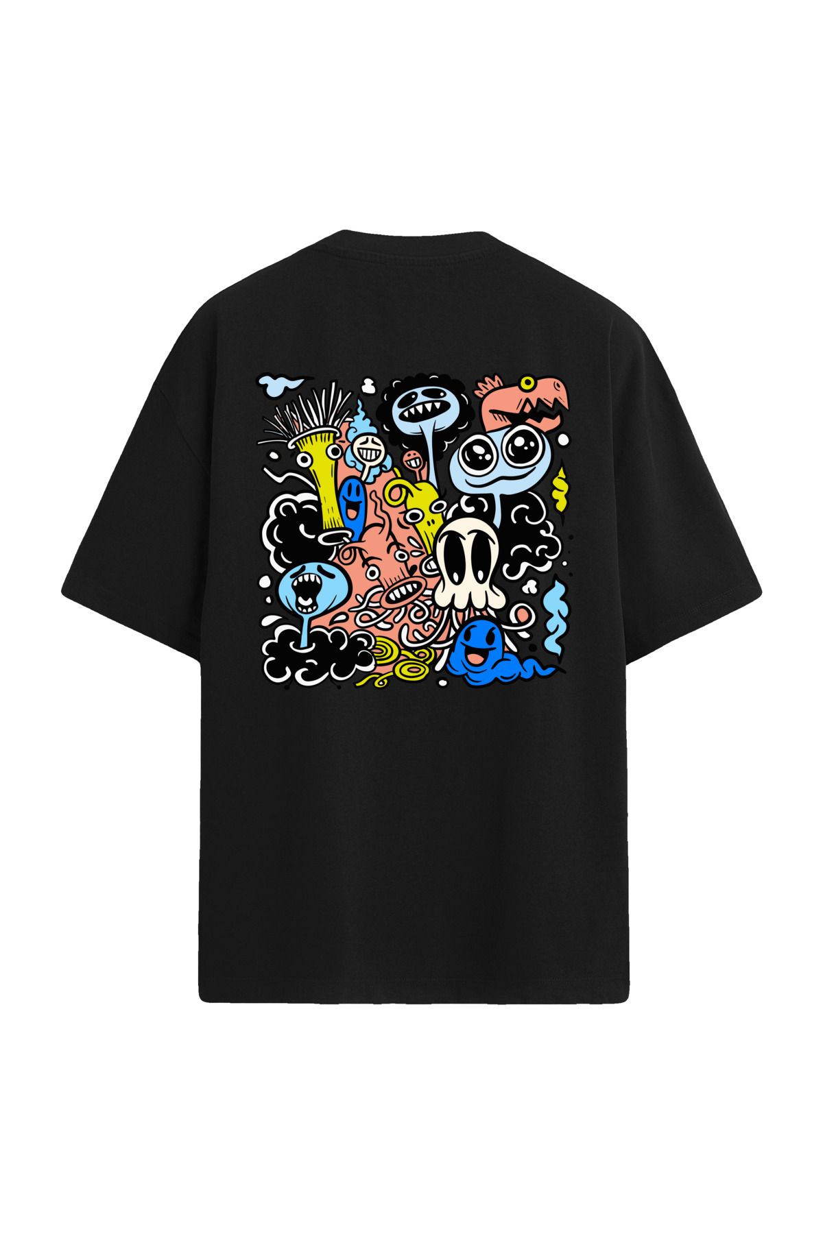 Colermi Renkli İllüstrasyon Sırt Baskılı Oversize Siyah T-Shirt