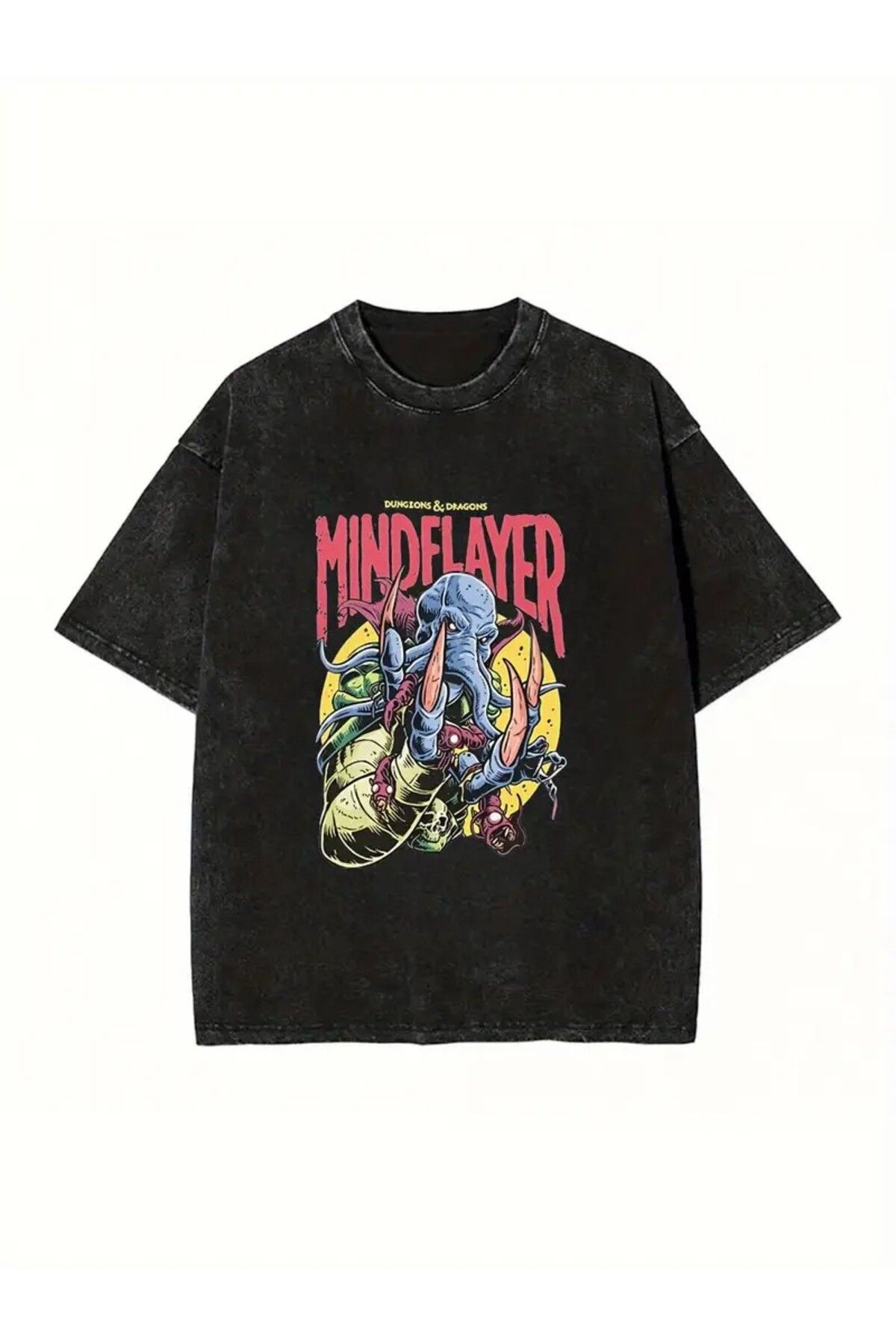 DEEFWEAR Yıkamalı Anime Kthulhu Mindflayer Ön Baskılı Unisex Oversize Tshirt