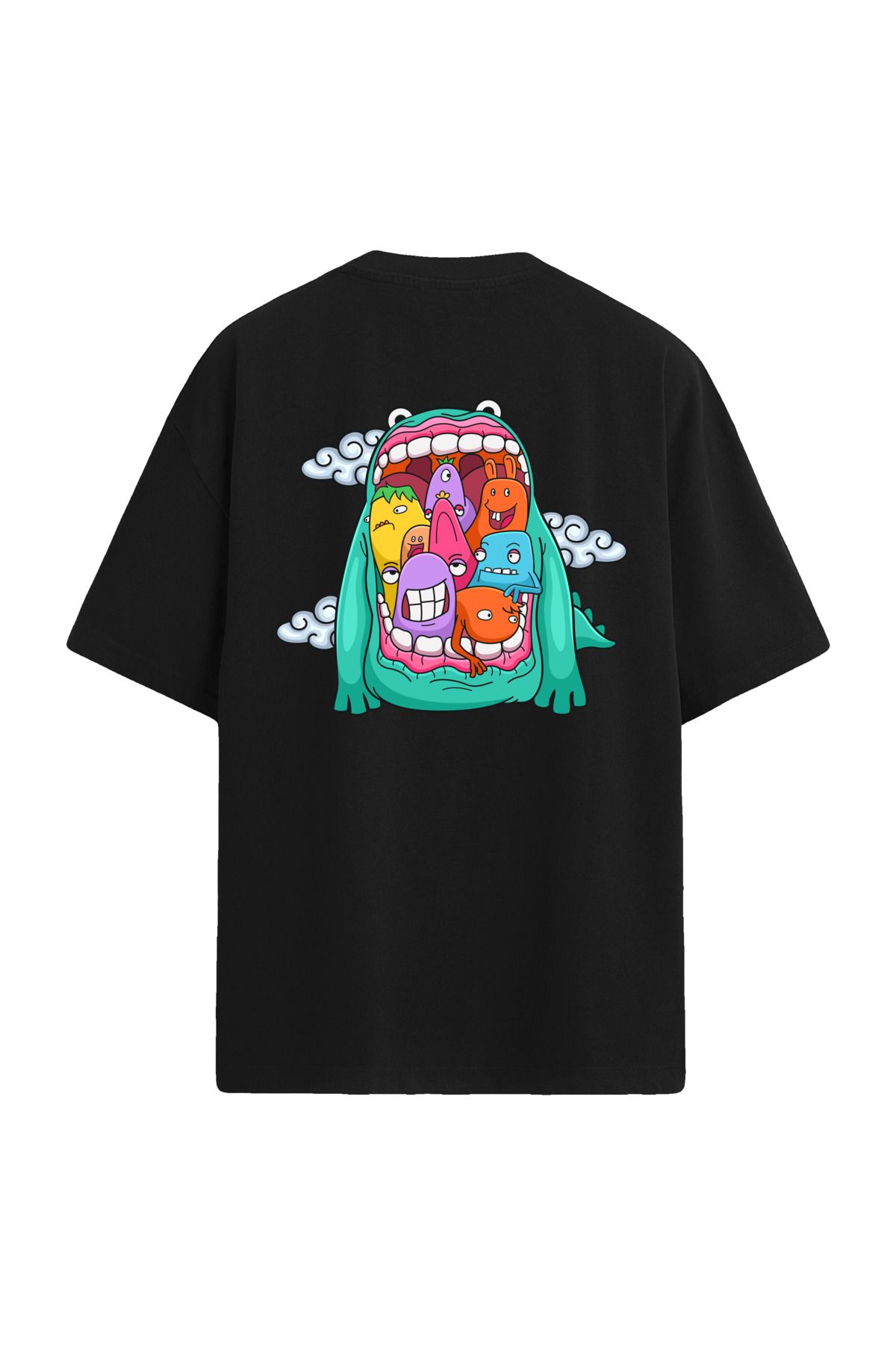 Colermi Renkli Karakter Tasarımlı Sırt Baskılı Oversize Siyah T-Shirt