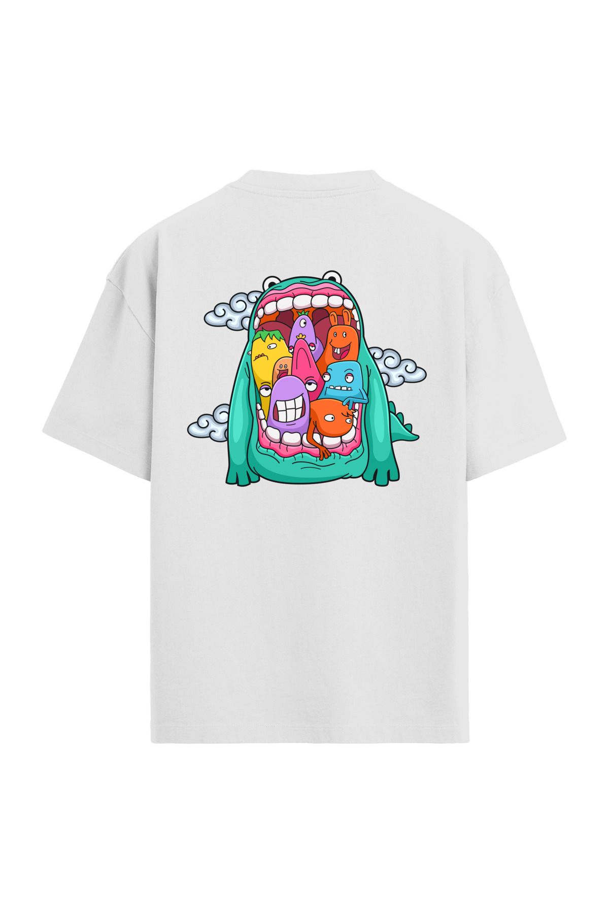 Colermi Renkli Karakter Tasarımlı Sırt Baskılı Oversize Gri T-Shirt