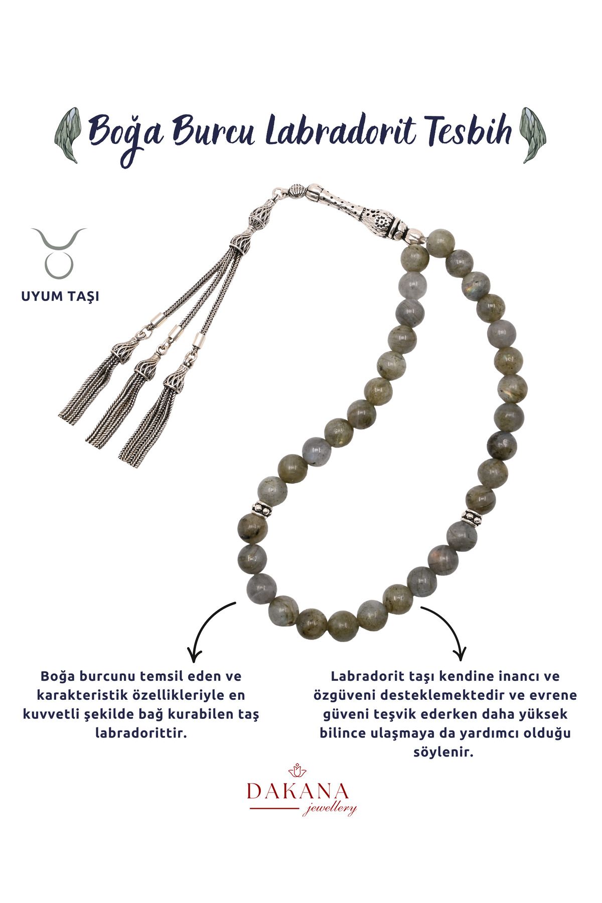 DAKANA JEWELLERY Sertifikalı Labradorit Taşı Boğa Burcu Gümüş Doğal Taş Tesbih