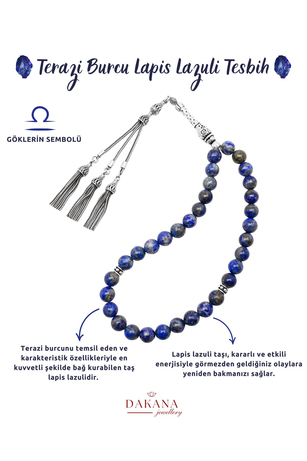 DAKANA JEWELLERY Sertifikalı Lapis Lazuli Taşı Terazi Burcu Gümüş Doğal Taş Tesbih
