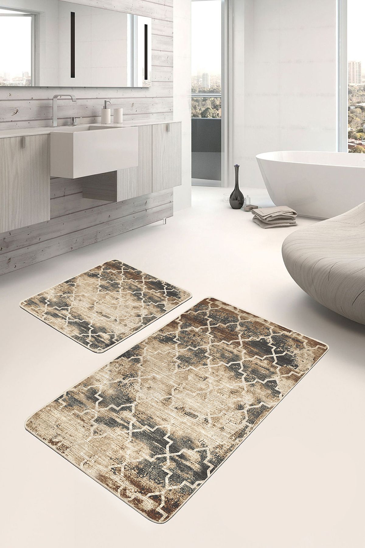 Realhomes 2'li Set Krem Zeminde Morrocan Motifli Otantik Geometrik Eskitme Motifli 2'li Banyo Paspas Takımı