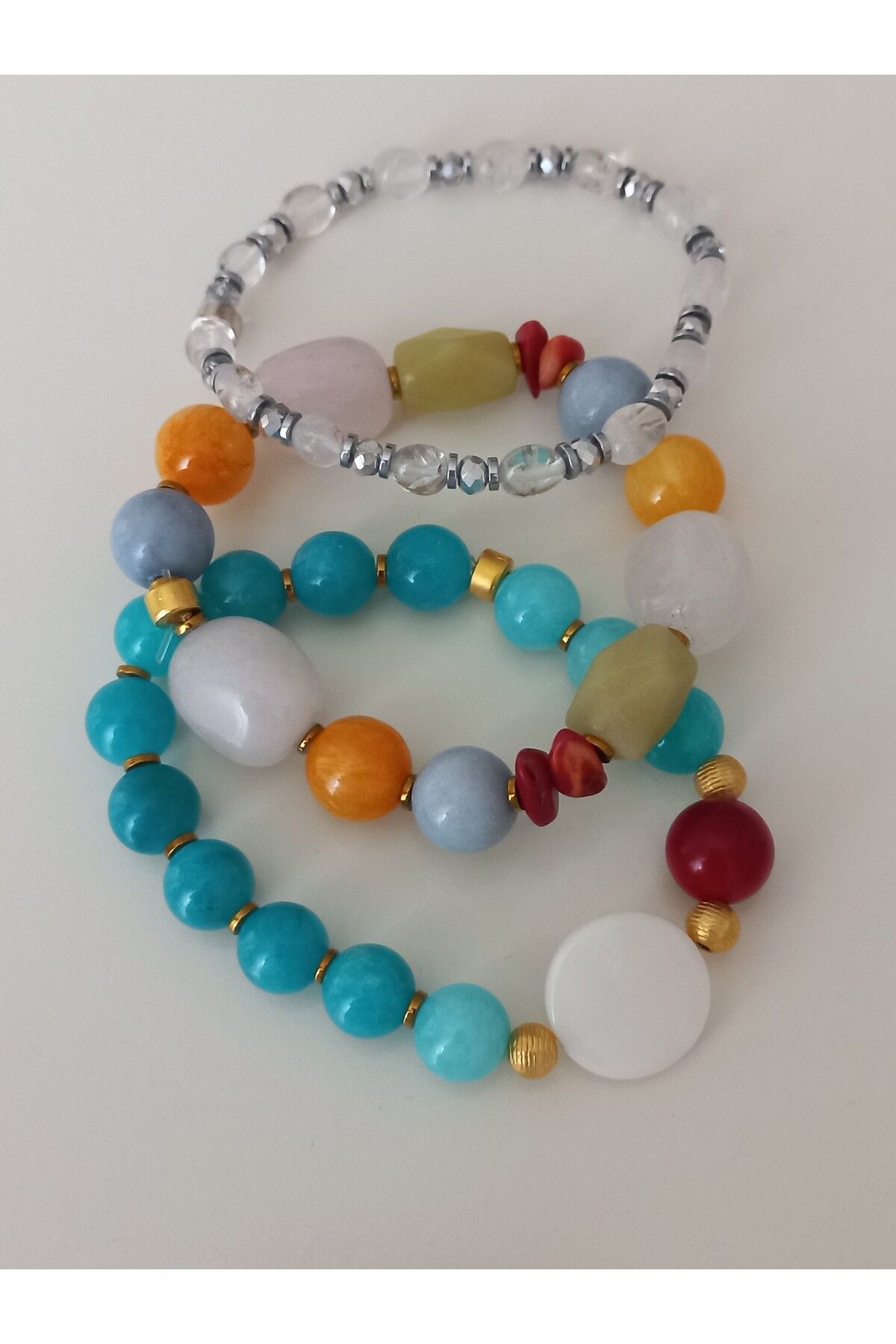 LemaStone Doğal taş bileklik seti;Larimar bileklik,pembe kuvars bileklik ,berrak kuvars bileklikten oluşur.