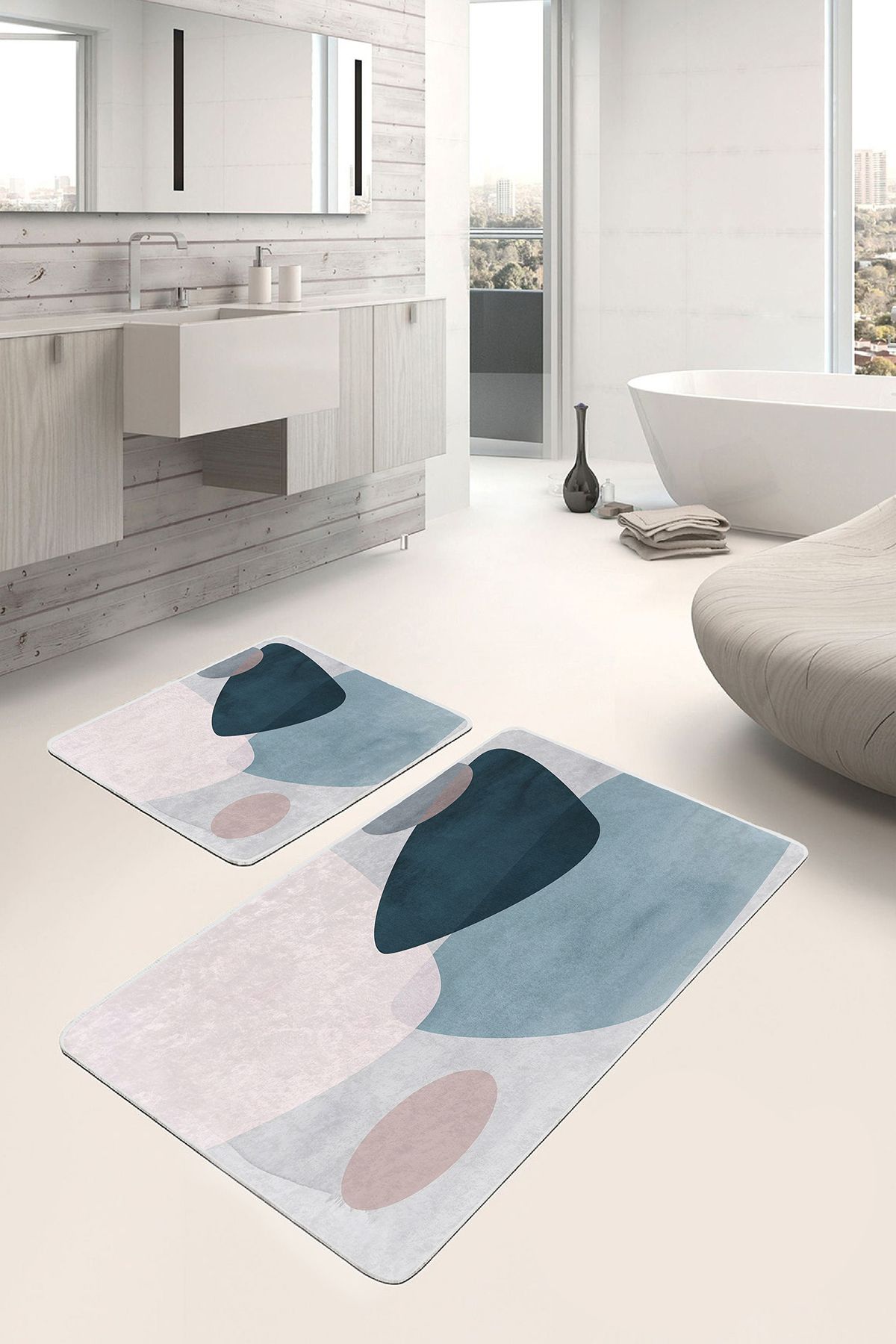 Realhomes Lacivert - Mavi Zeminde Modern Sanat Motifli Tablo Desenli Bohem Sade & Şık 2'li Banyo Paspas Takımı