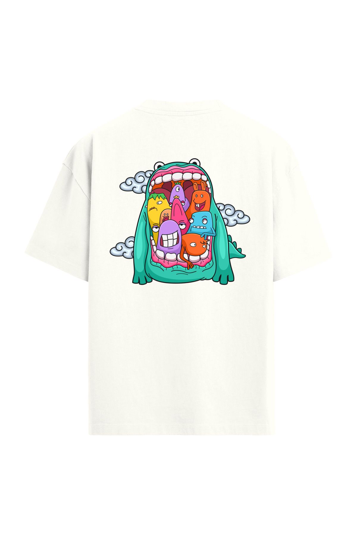 Colermi Renkli Karakter Tasarımlı Sırt Baskılı Oversize Ekru T-Shirt