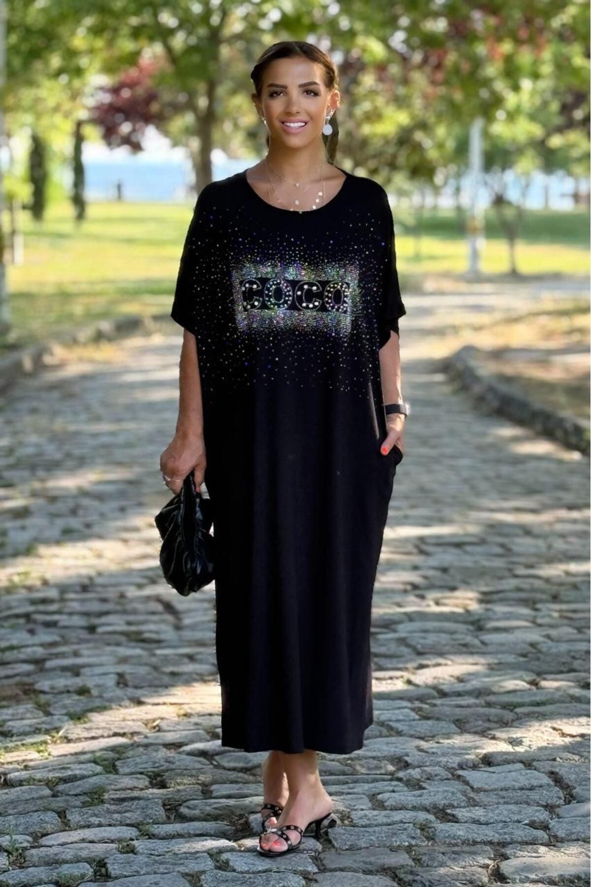 Nevin Kaya Moda Siyah Coco Taşlı Kiloları Gizleyen Pamuklu Elbise