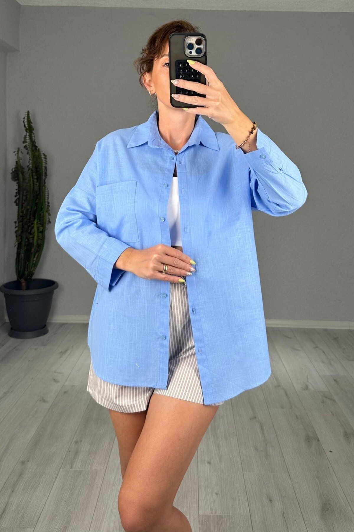 lady special Keten Tek Cepli Oversize Gömlek