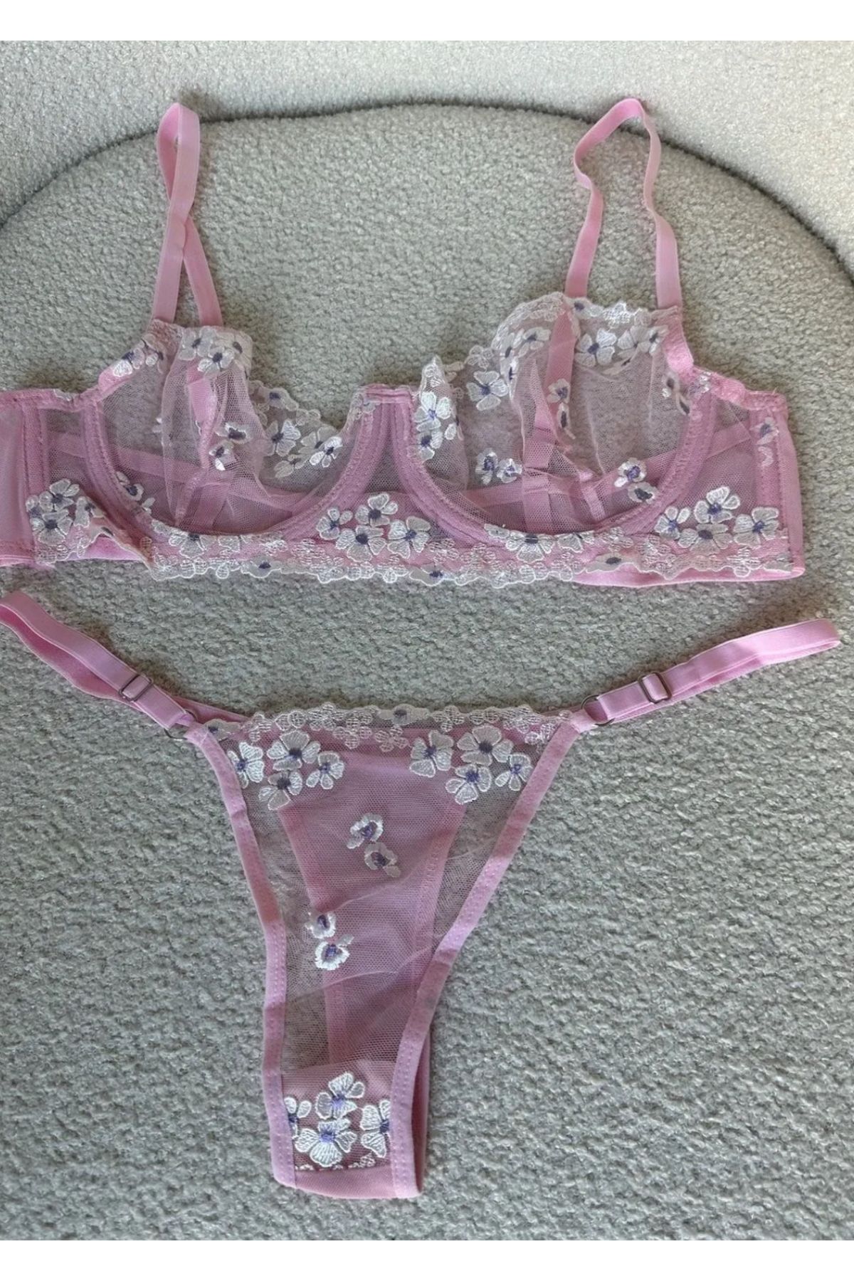 nuda luna Pudra Çiçek İşlemeli Transparan Bralet & Ayarlanabilir Tanga Dantel İç Giyim Takımı”