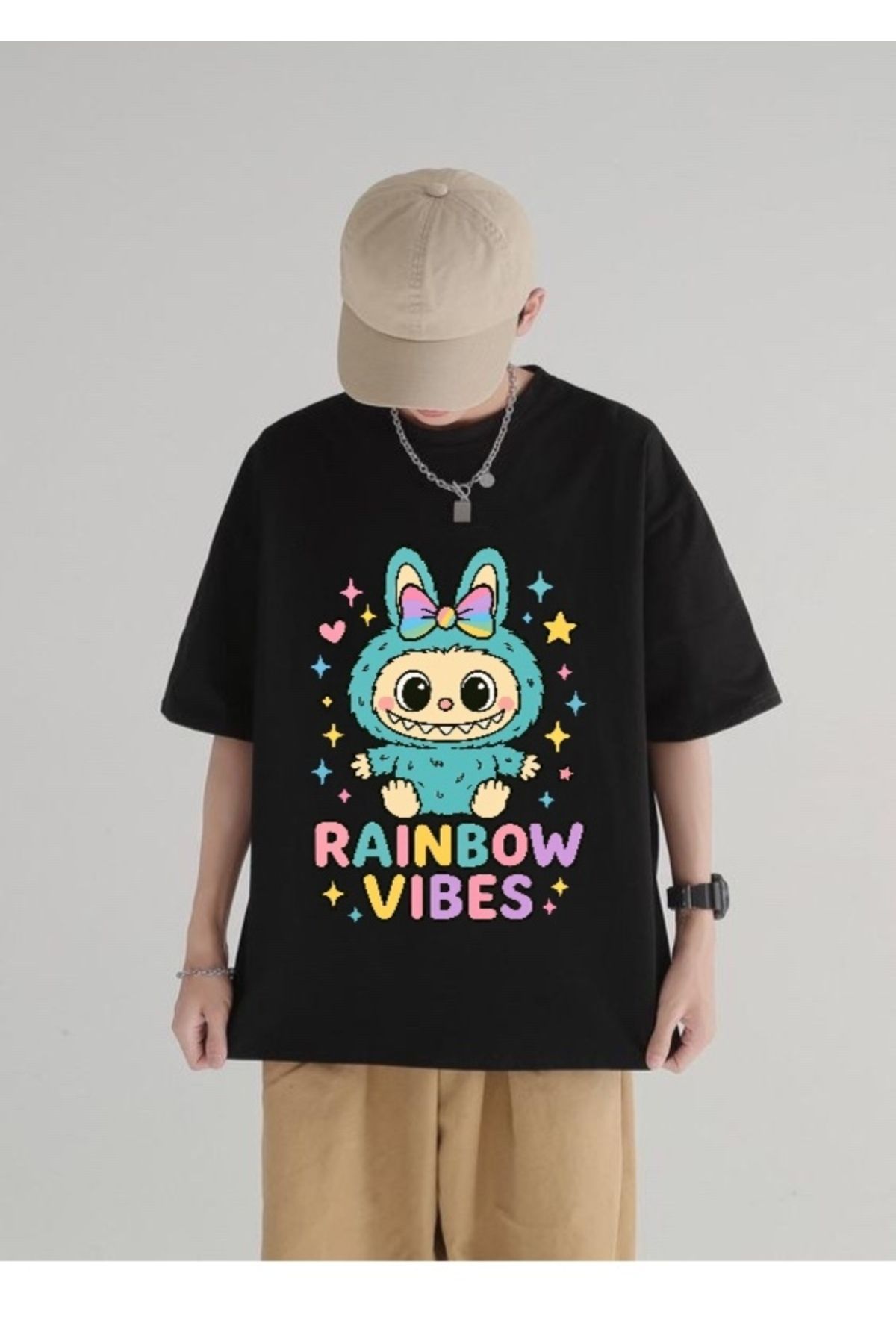 Minga London Siyah Labubu Raınbow Baskılı Oversize Tshirt -Minga London