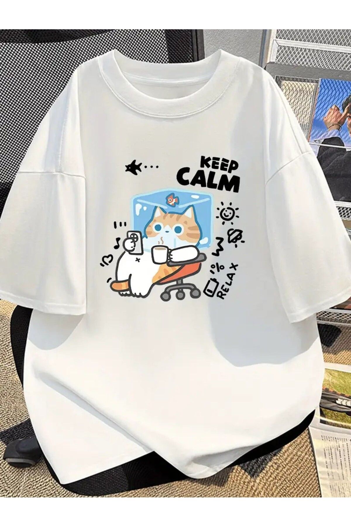 DEEFWEAR Keep Calm Relax Cat Baskılı Beyaz Oversize Unisex Tshirt