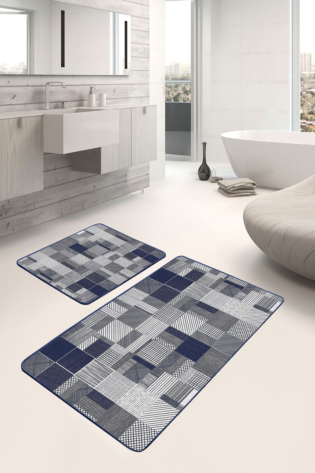 Realhomes Lacivert Zeminde Geometrik Motifli Patchwork Geometrik Sade & Şık 2'li Banyo & Mutfak Paspas Takımı