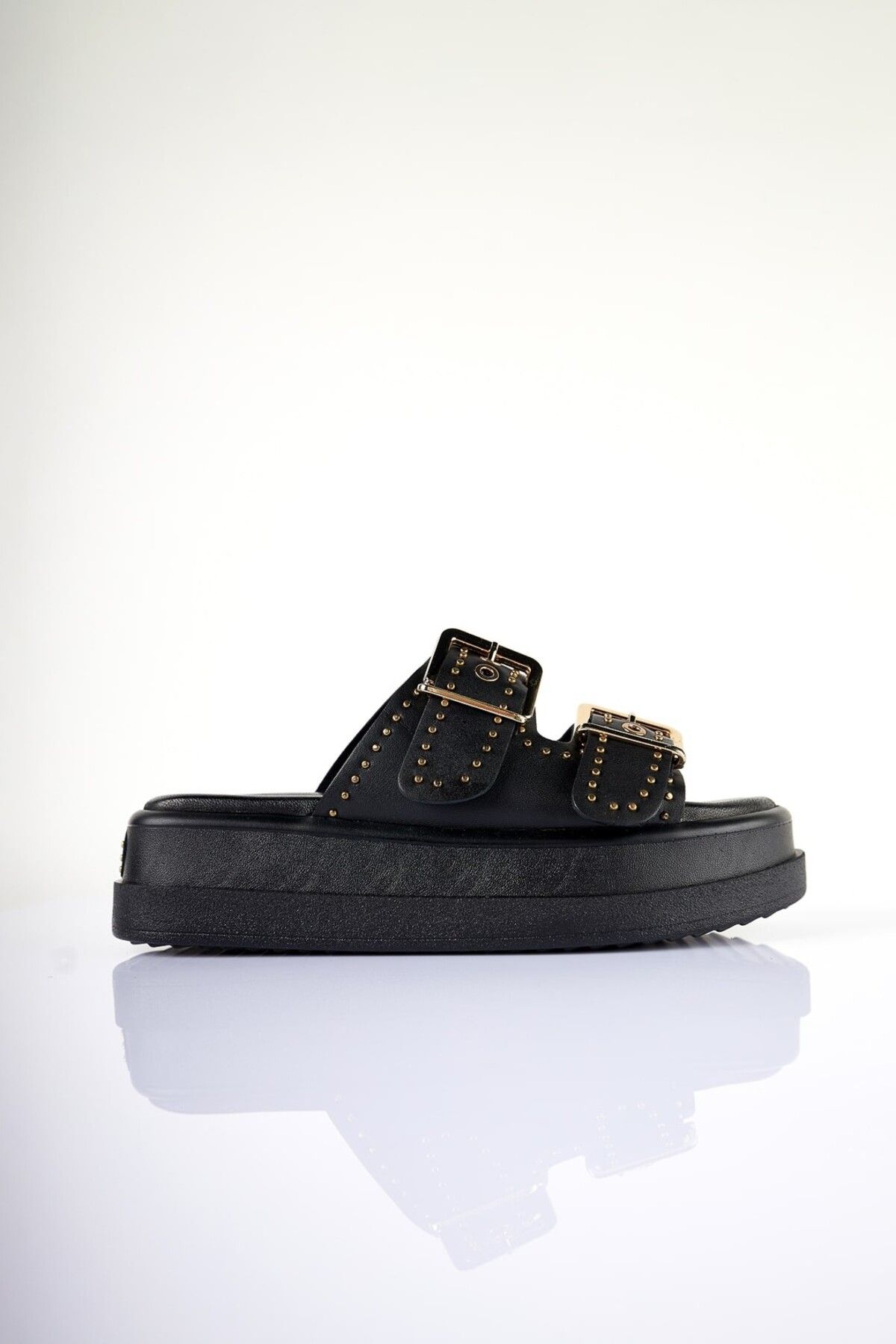 SU SHOE BOUTIQUE NO85 Siyah Hakiki Deri Çift Tokalı Dolgu Topuklu Terlik