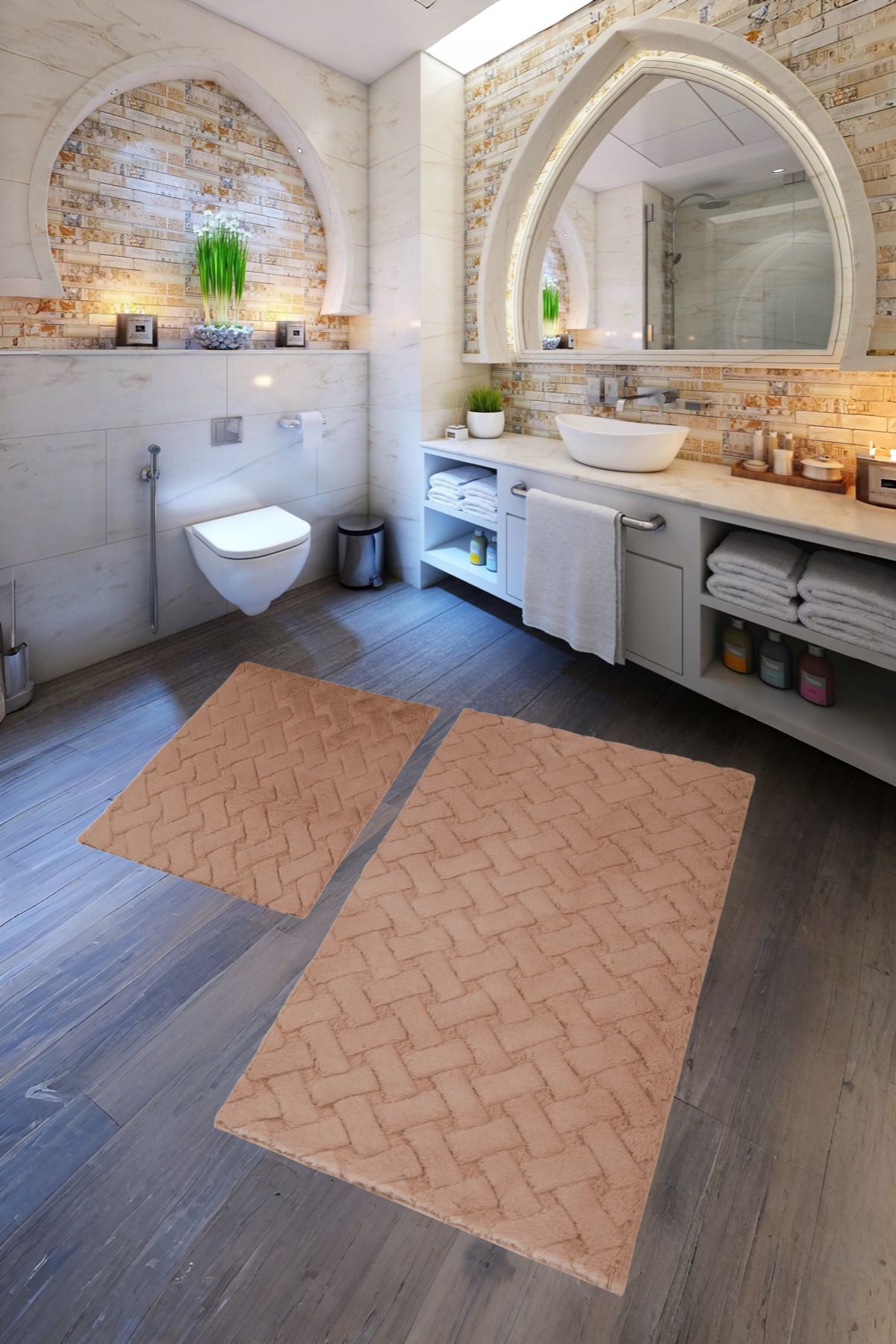 Myevilla Desenli Tavşan Tüyü Yumuşak 2’li Banyo Paspası – Kaymaz Tabanlı Klozet Takımı Camel