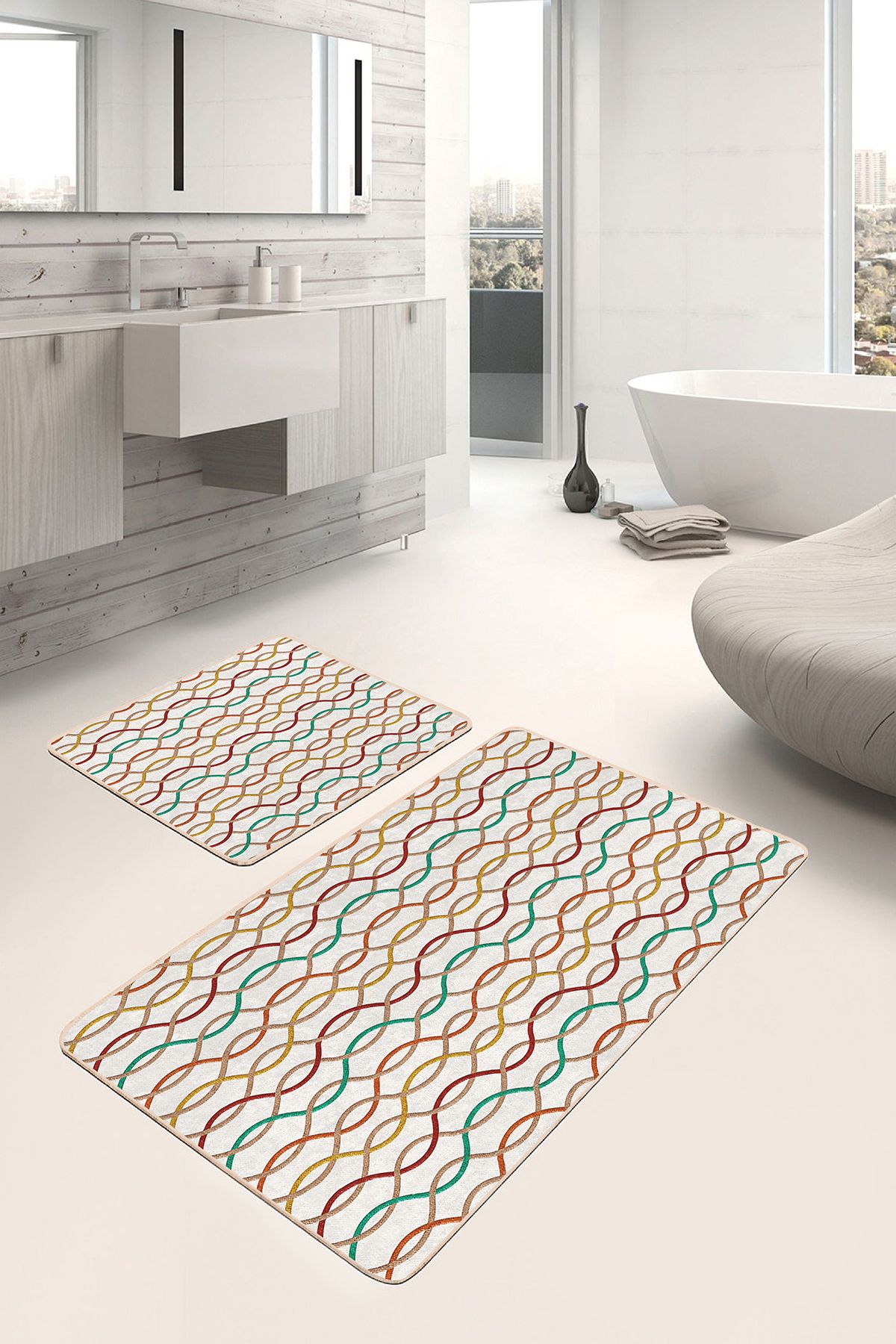 Realhomes 2'li Set Ekru - Bej Zeminde Geometrik Motifli Kilim Geometrik Sade & Şık 2'li Banyo Paspas Takımı