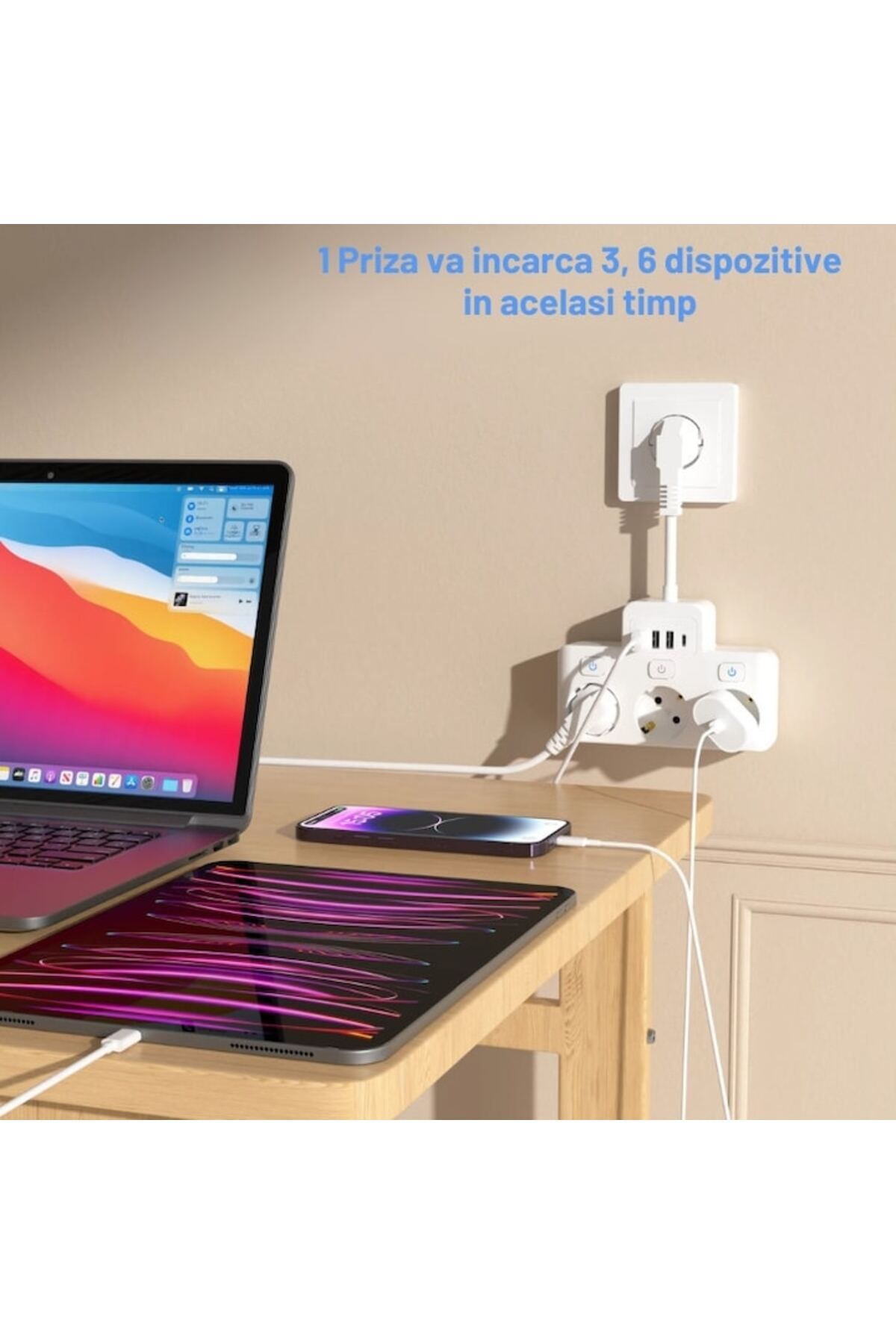 WELSMAR-Extender Priza, Multifunctional, Welsmar, 7 in 1, 3 Porturi, 3xUSB, 1xUSB-C, 3 Comutatoare Independe 3