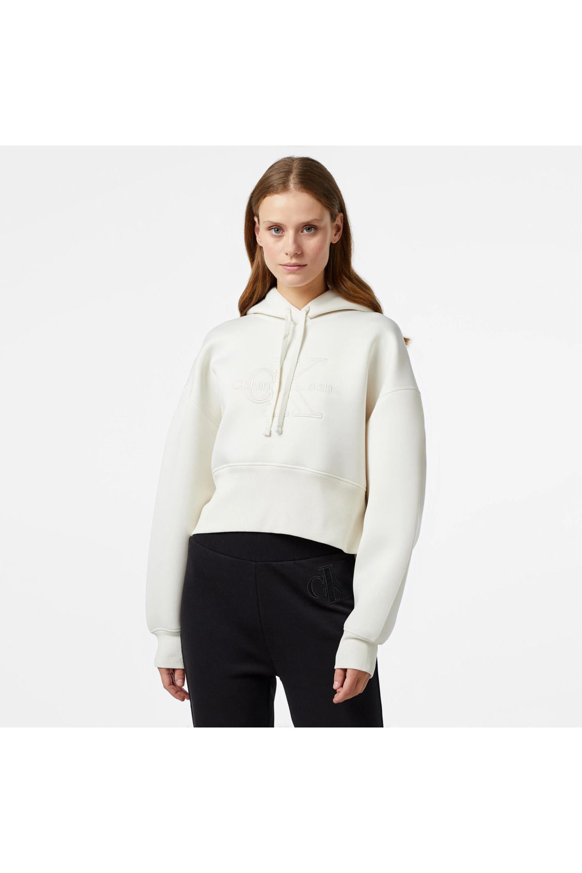 Calvin Klein Jeans Scuba Premium Monologo Kadın Beyaz Hoodie