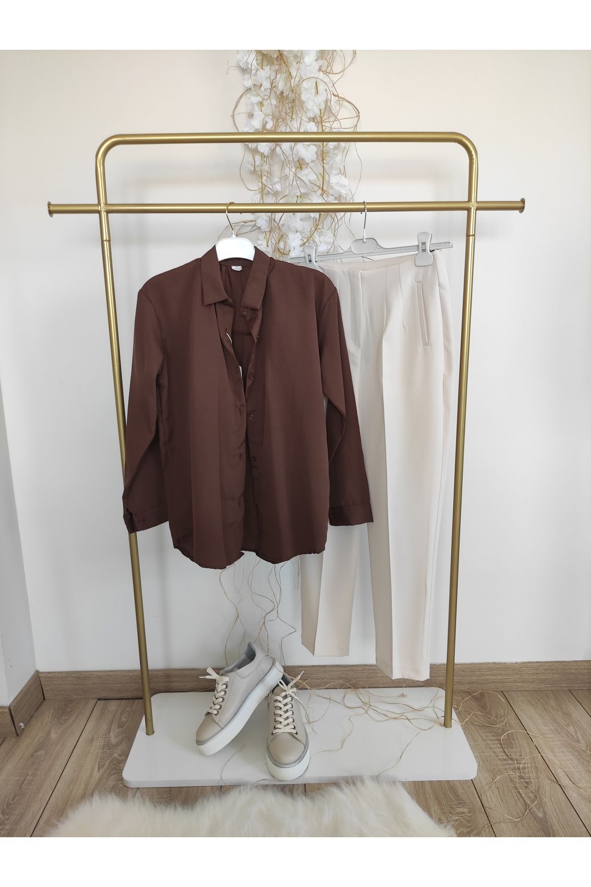 MODA Oversize basic uzun gömlek - kahverengi