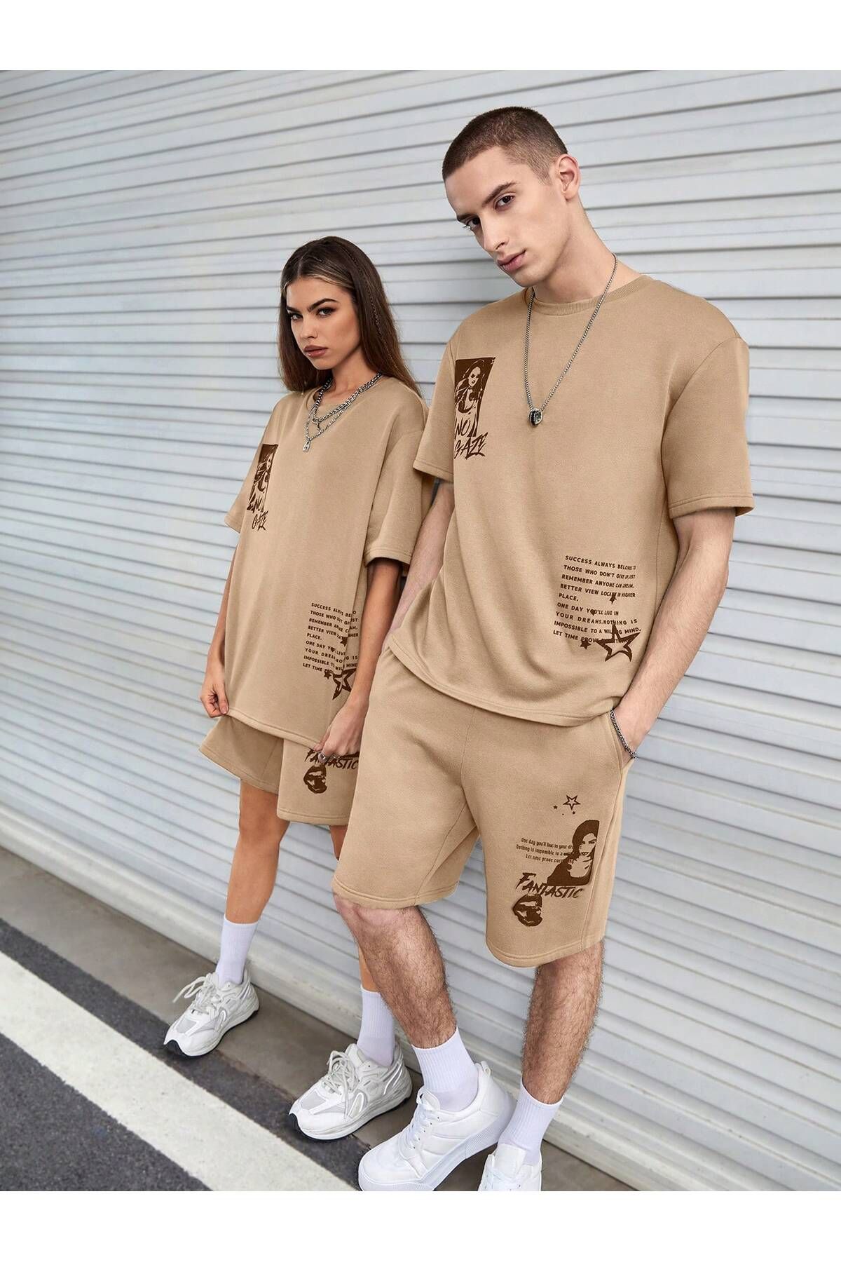 aynewmoda Unisex Relaxed Fit Graphic Logo T-Shirt & Elastic Waist Shorts, One Piece