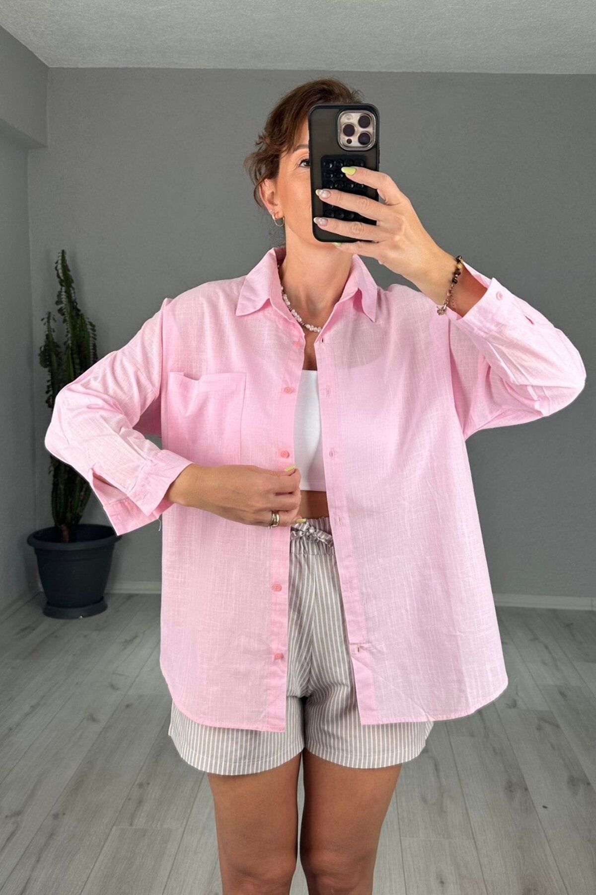 lady special Keten Tek Cepli Oversize Gömlek