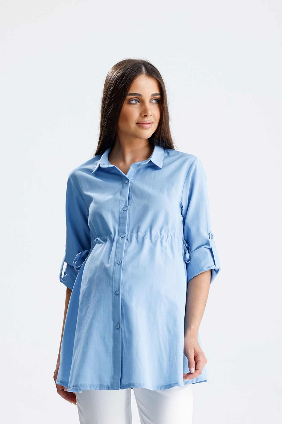 KATLİN MATERNİTY WEAR Hamile Gömlek, Poplin Pamuklu Kumaş, Yanlardan Bağcık ve Kollar Kıvrımlı Detaylı