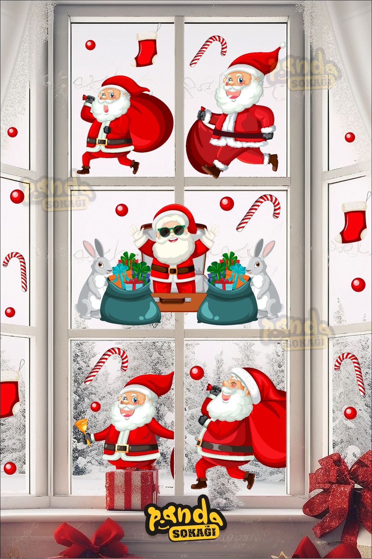 PANDA SOKAĞI Yılbaşı Noel Babalar ve Tavşan Pencere Sticker Seti, Yılbaşı Noel Babalar