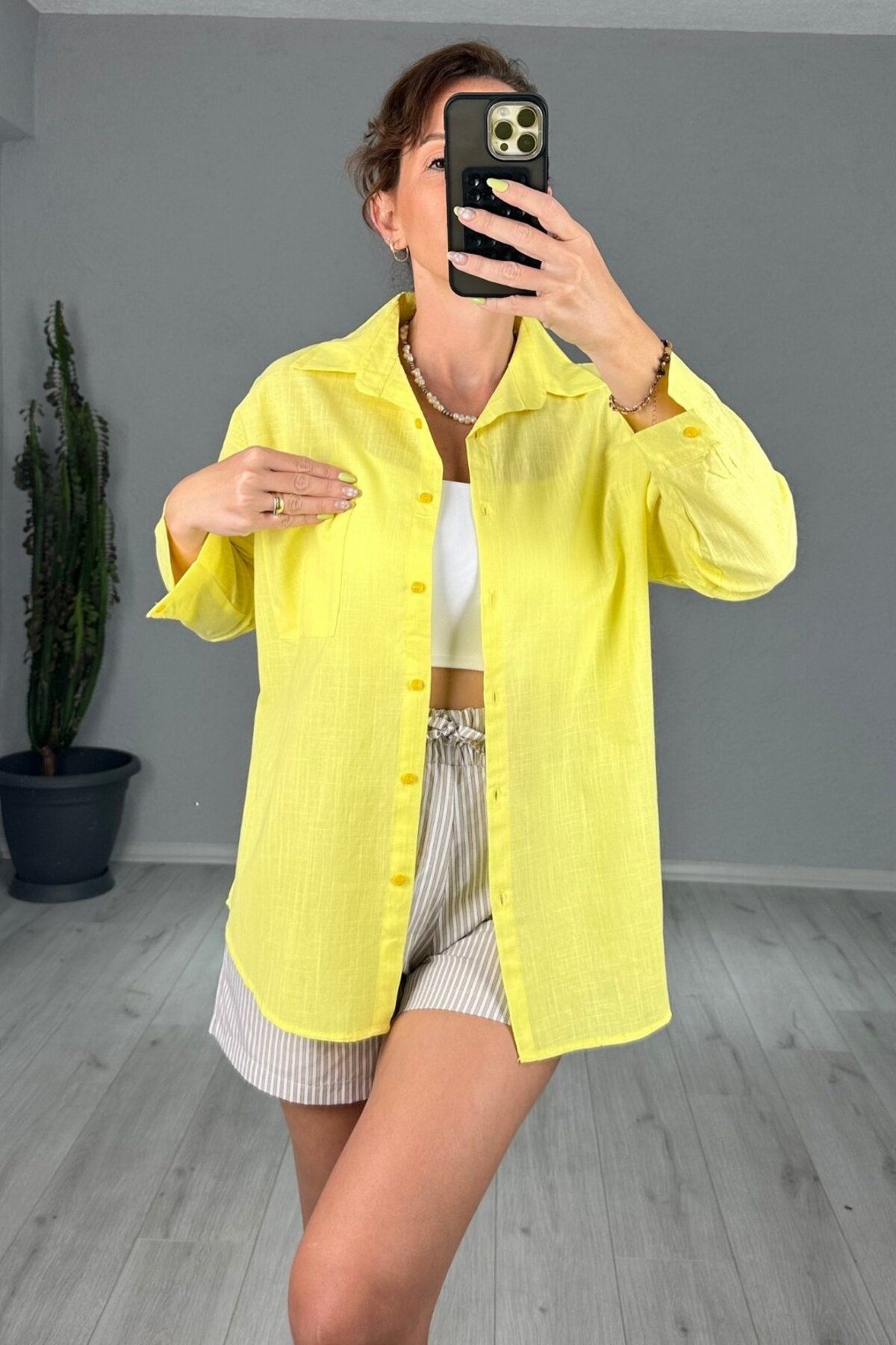 lady special Keten Tek Cepli Oversize Gömlek