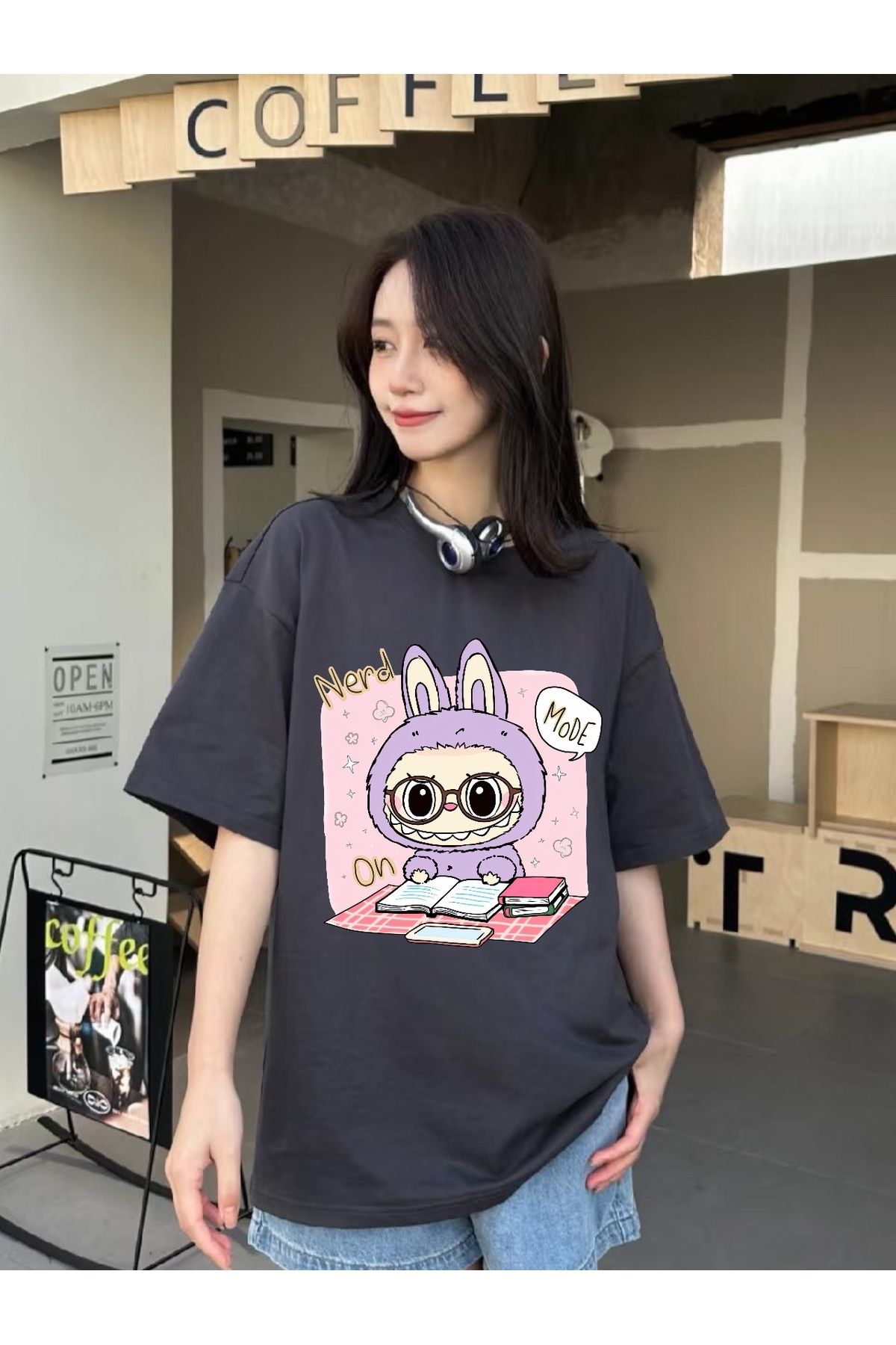 Minga London Füme Labubu Nerd Mode On Baskılı Oversize Tshirt -Minga London