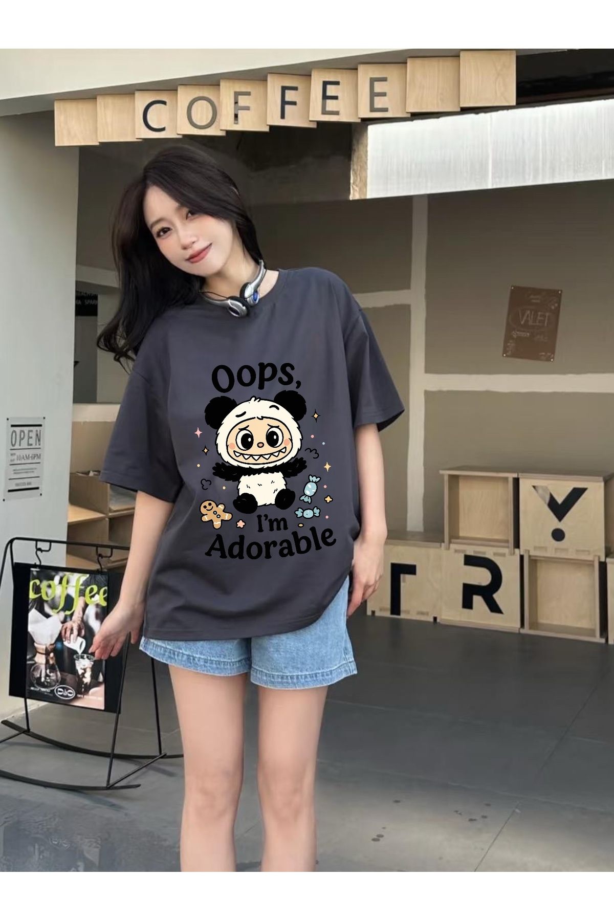 Minga London Füme Labubu Panda Baskılı Oversize Tshirt -Minga London
