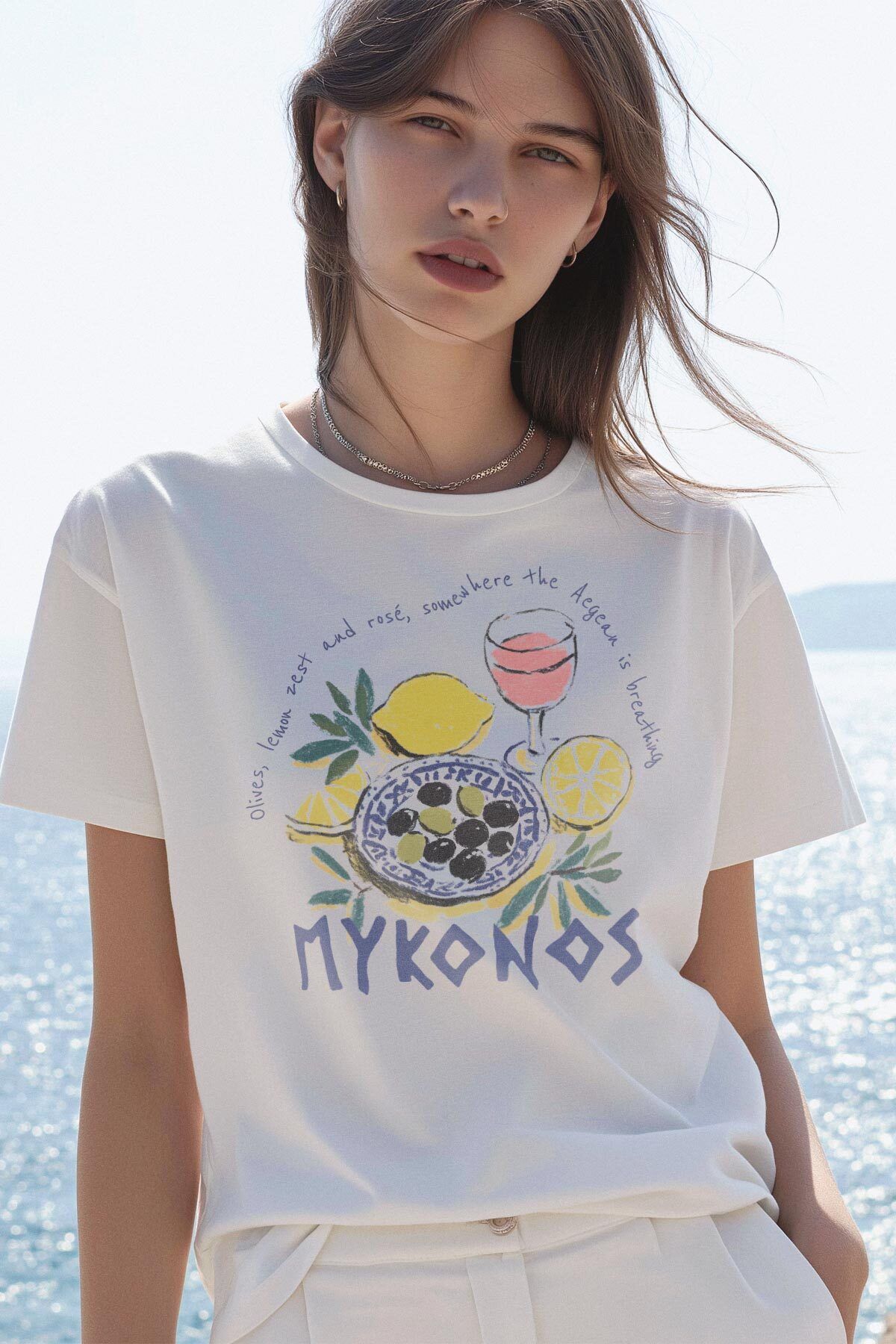 Kendim Seçtim Mykonos Limon Rose Wine Olive Baskılı Summer T-shirt Yaz Mikanos Beyaz Tişört