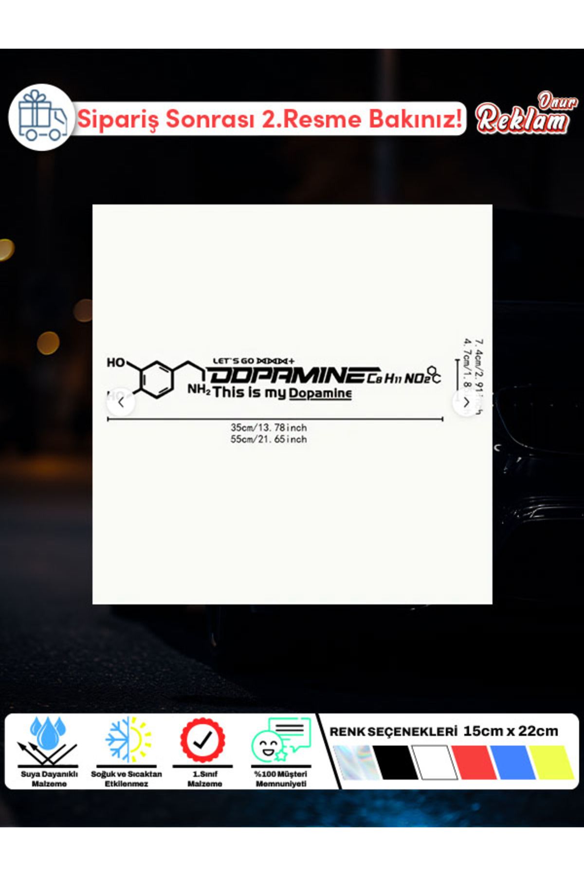 Onur Reklam Dopamin Molekülü Hologram Sticker – Araba & Laptop Etiketi 25x6 cm