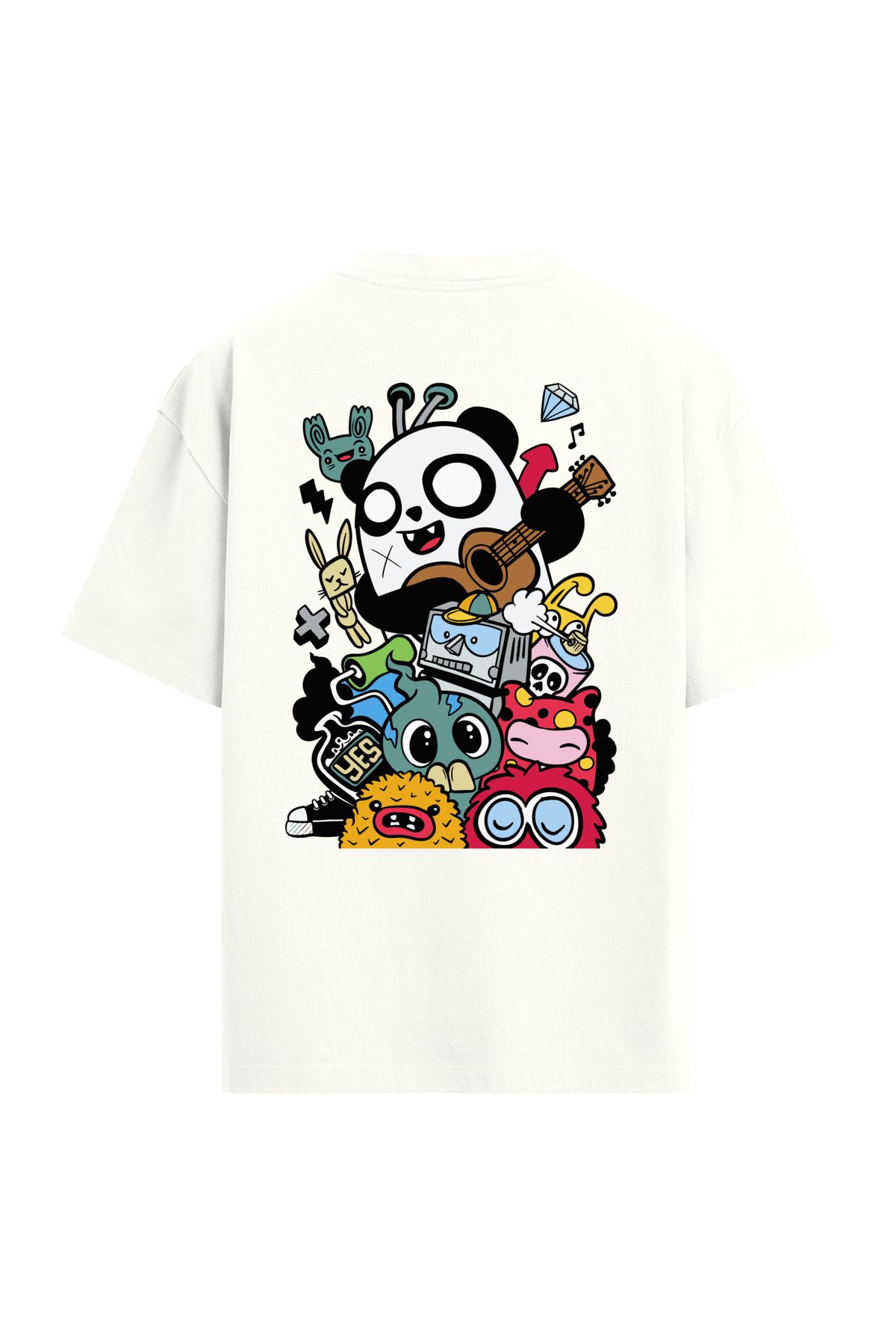 Colermi Panda ve Karakterler Sırt Baskılı Oversize T-Shirt