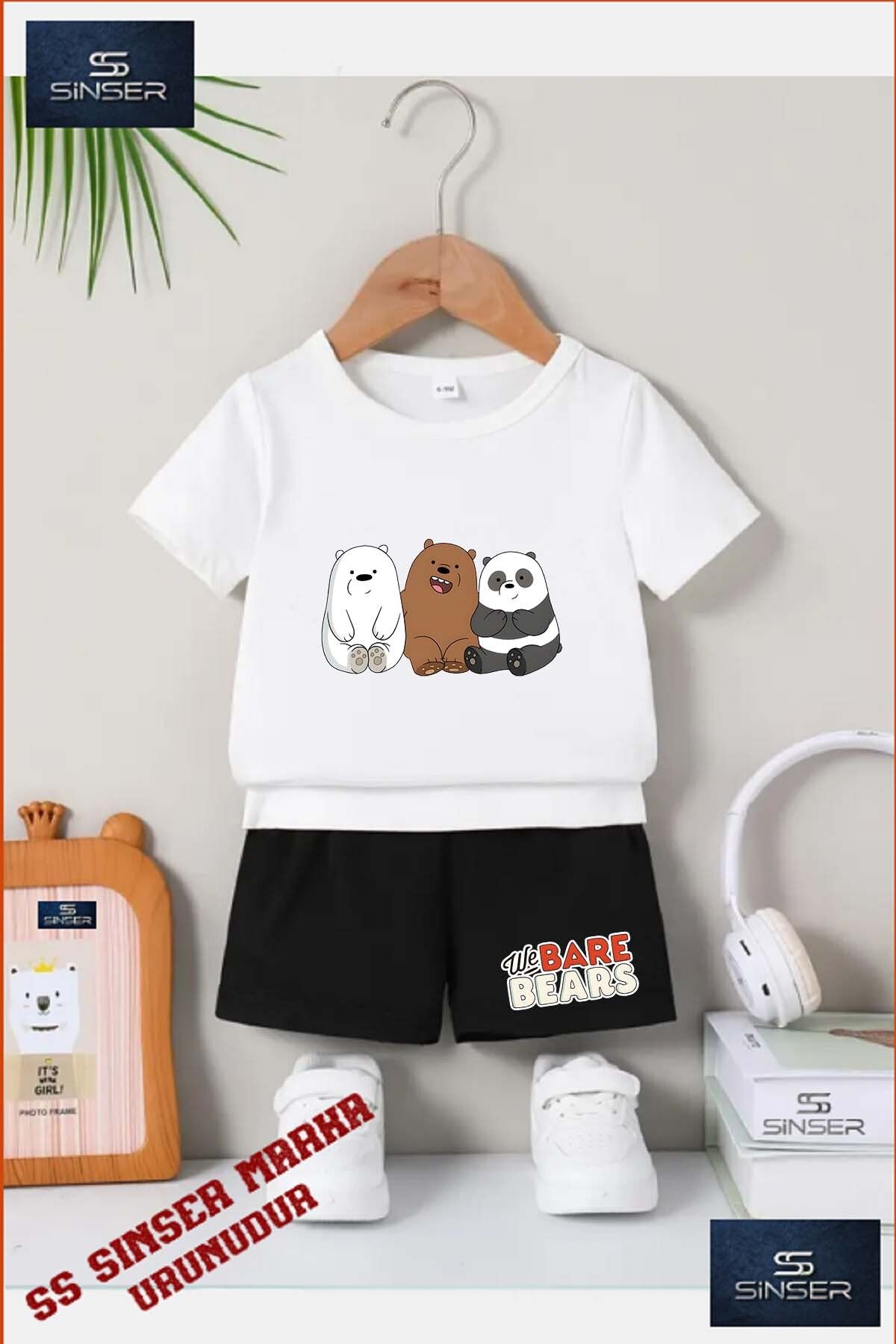 SS SİNSER Çocuk UNISEX “PANDALAR 3LU YAN YANA“ Özel Baskılı Bisiklet Yaka Tişört - Şort Takım