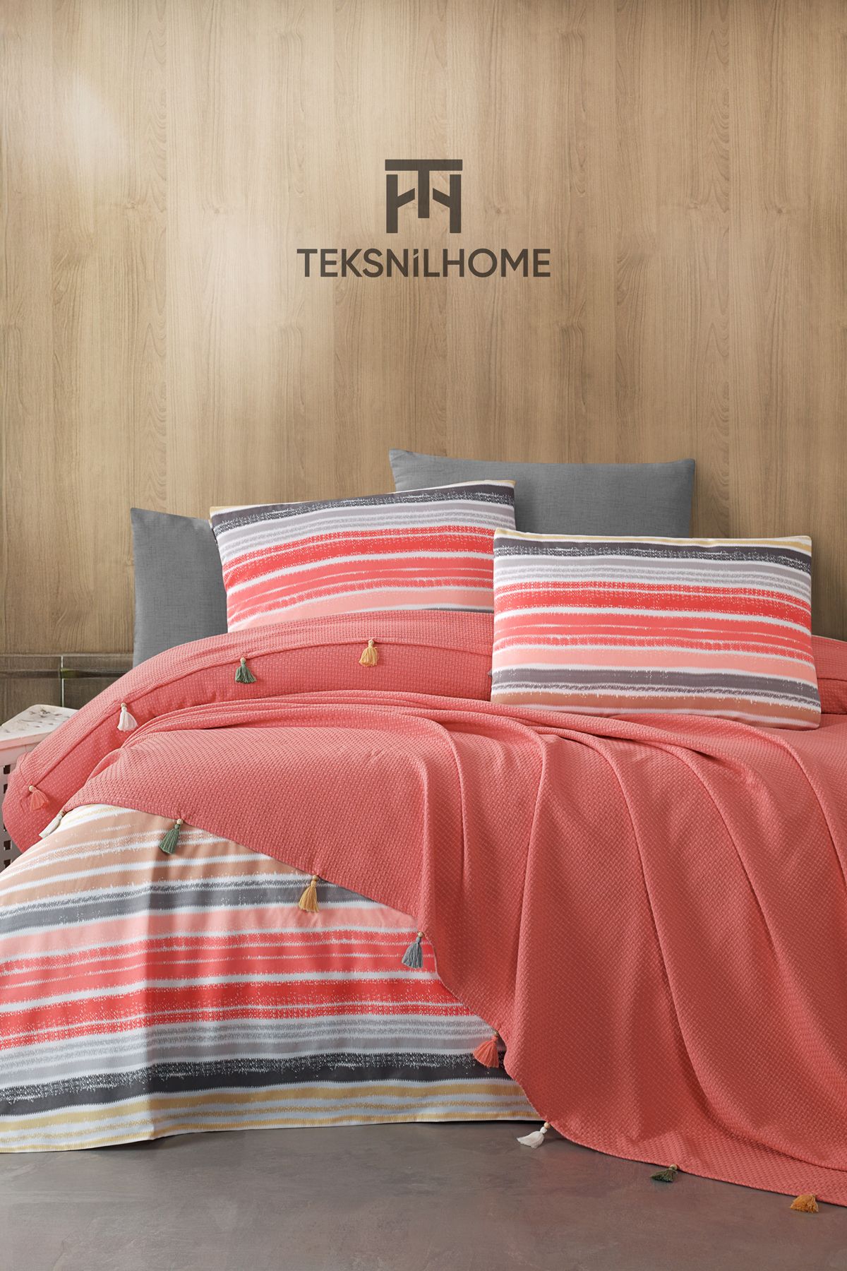 TeksNil Home %100 Pamuklu Valeria Tassel Çift Kişilik Püsküllü Pike Takımı(Çarşaf,Pike,Yastık Kılıfı)