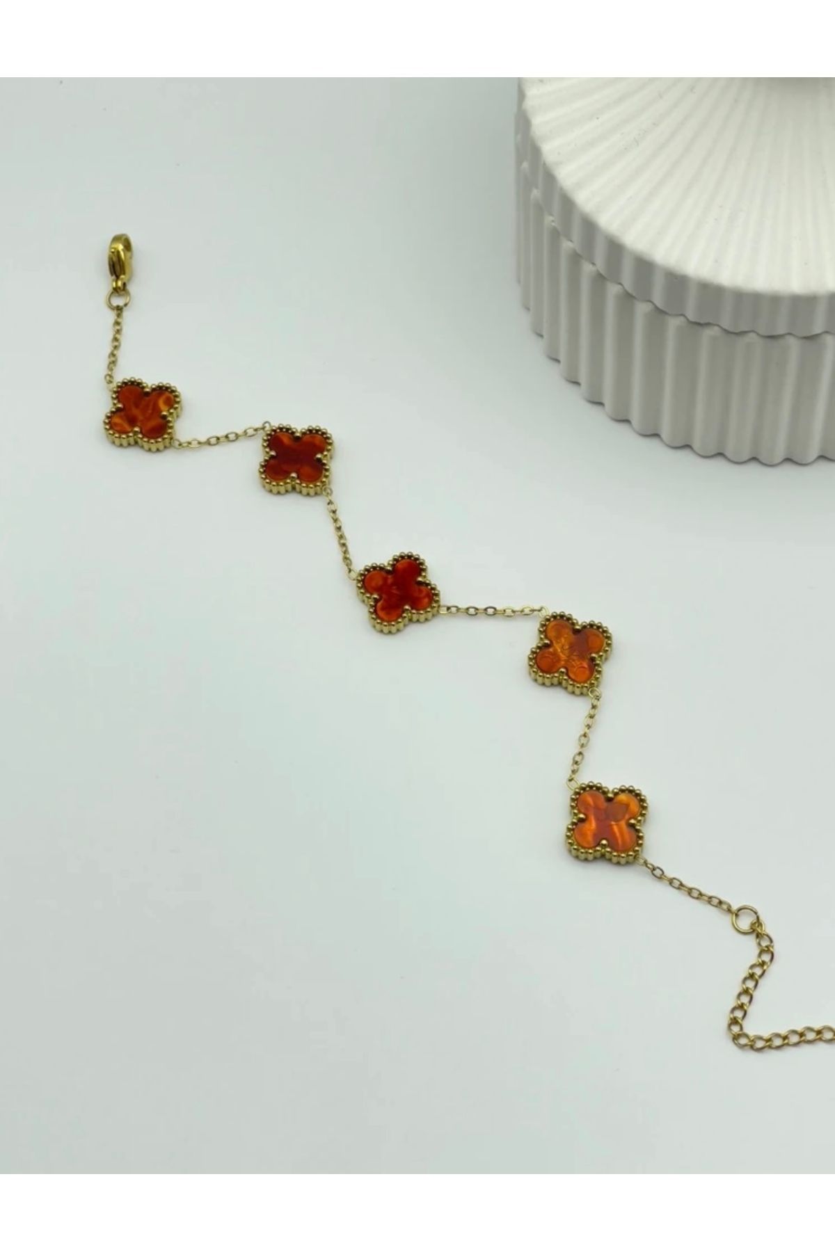 EnazStore 316l Çelik Gold Zincir 5 Yaprak Yonca Model Turuncu bileklik