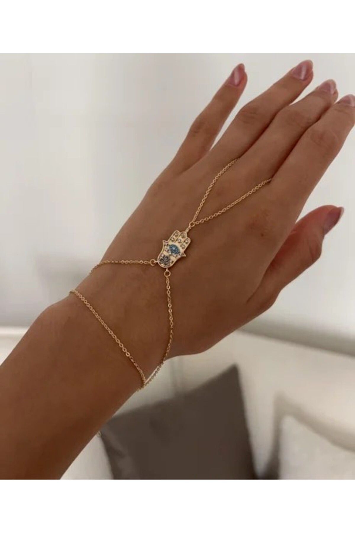 illys Gold Mavi Beyaz Zirkon Taş Detaylı Fatmanın Eli Şahmeran