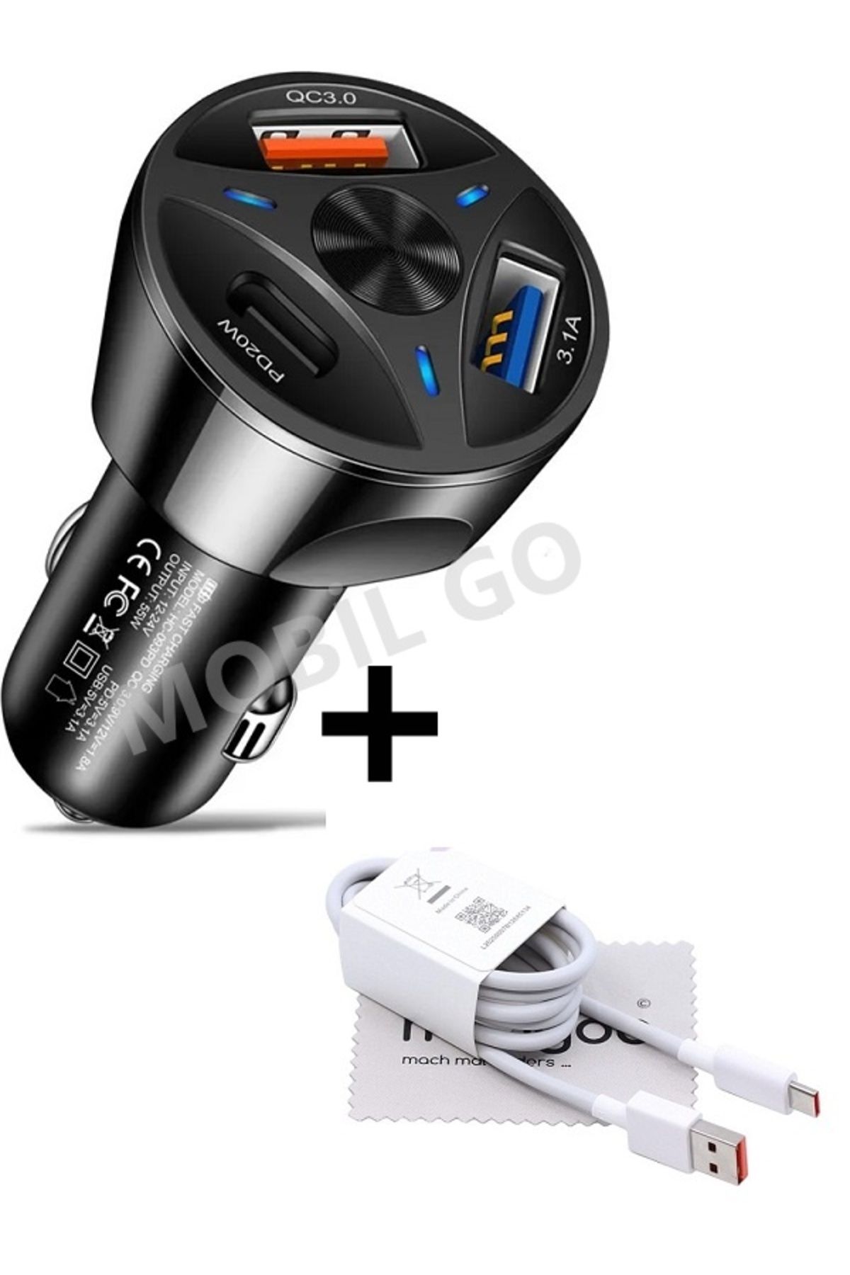 MOBİL GO Araç Çakmaklık Hızlı Şarj Aleti 20w Pd Type-c Ve Usb Çıkışlı ve Typec Şarj Kablosu