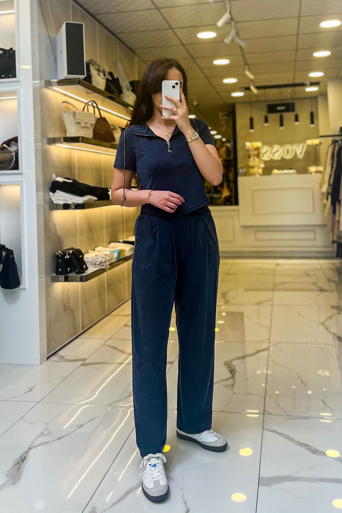 Vosse On Fashıon İndigo Kapüşonlu Fermuarlı Beli Lastikli Eşofman Takım