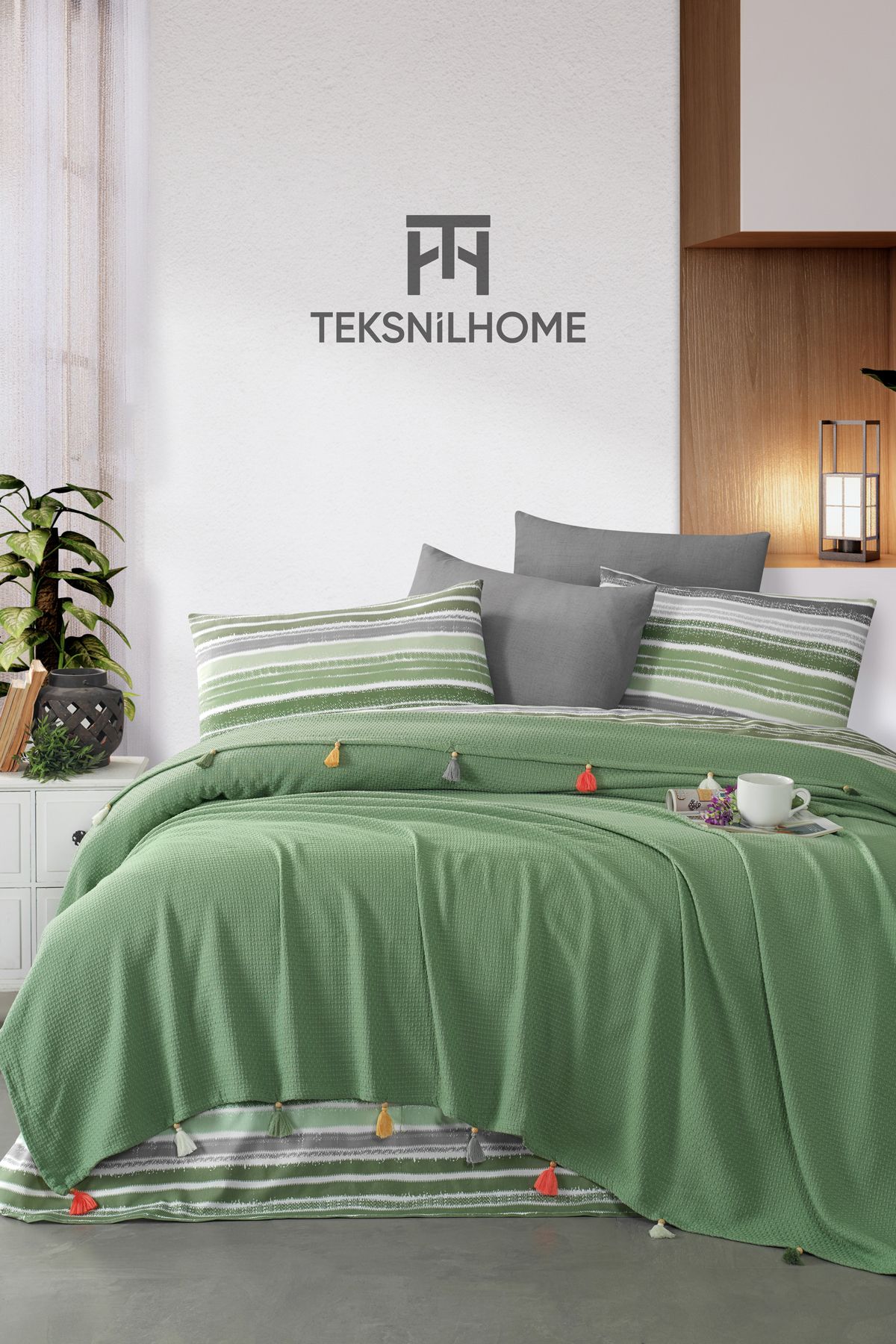 TeksNil Home %100 Pamuklu Valeria Tassel Çift Kişilik Püsküllü Pike Takımı(Çarşaf,Pike,Yastık Kılıfı)