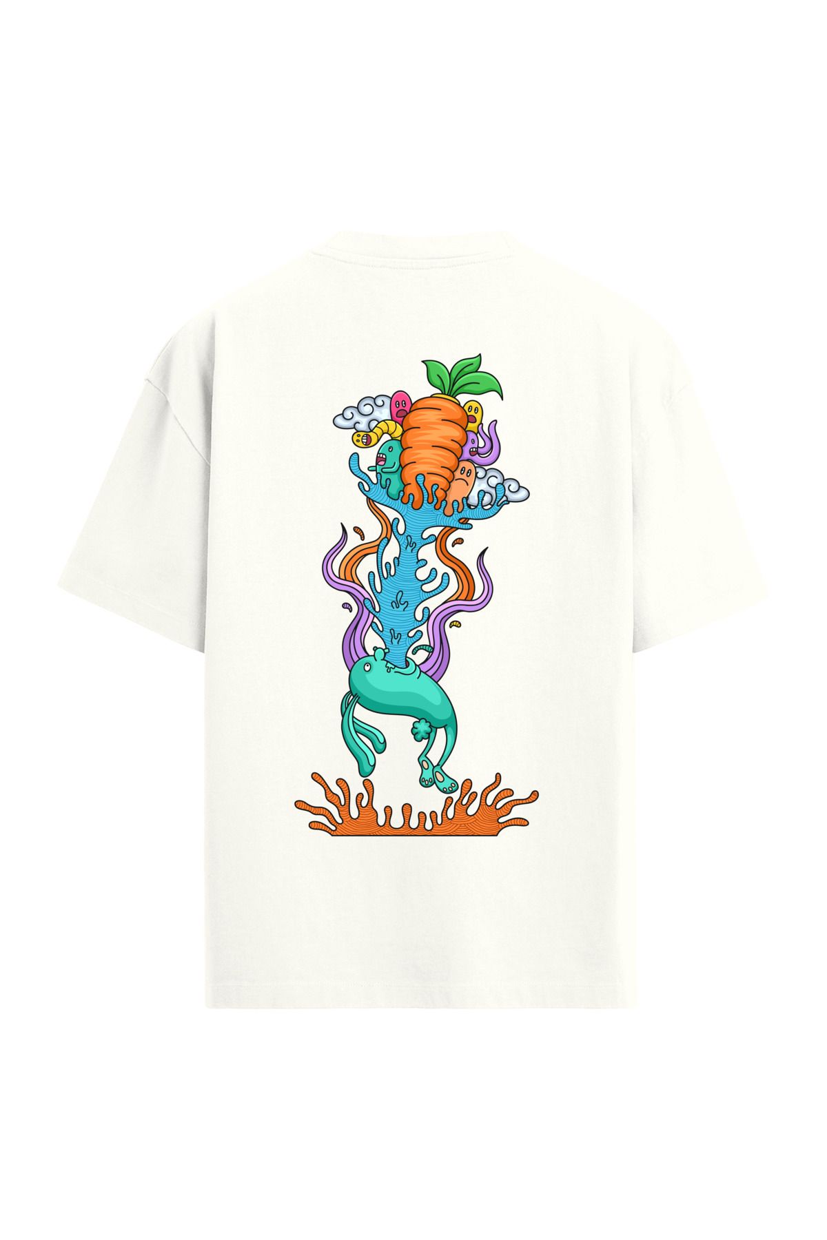Colermi Havuç ve Karikatür Tasarımlı Sırt Baskılı Oversize T-Shirt