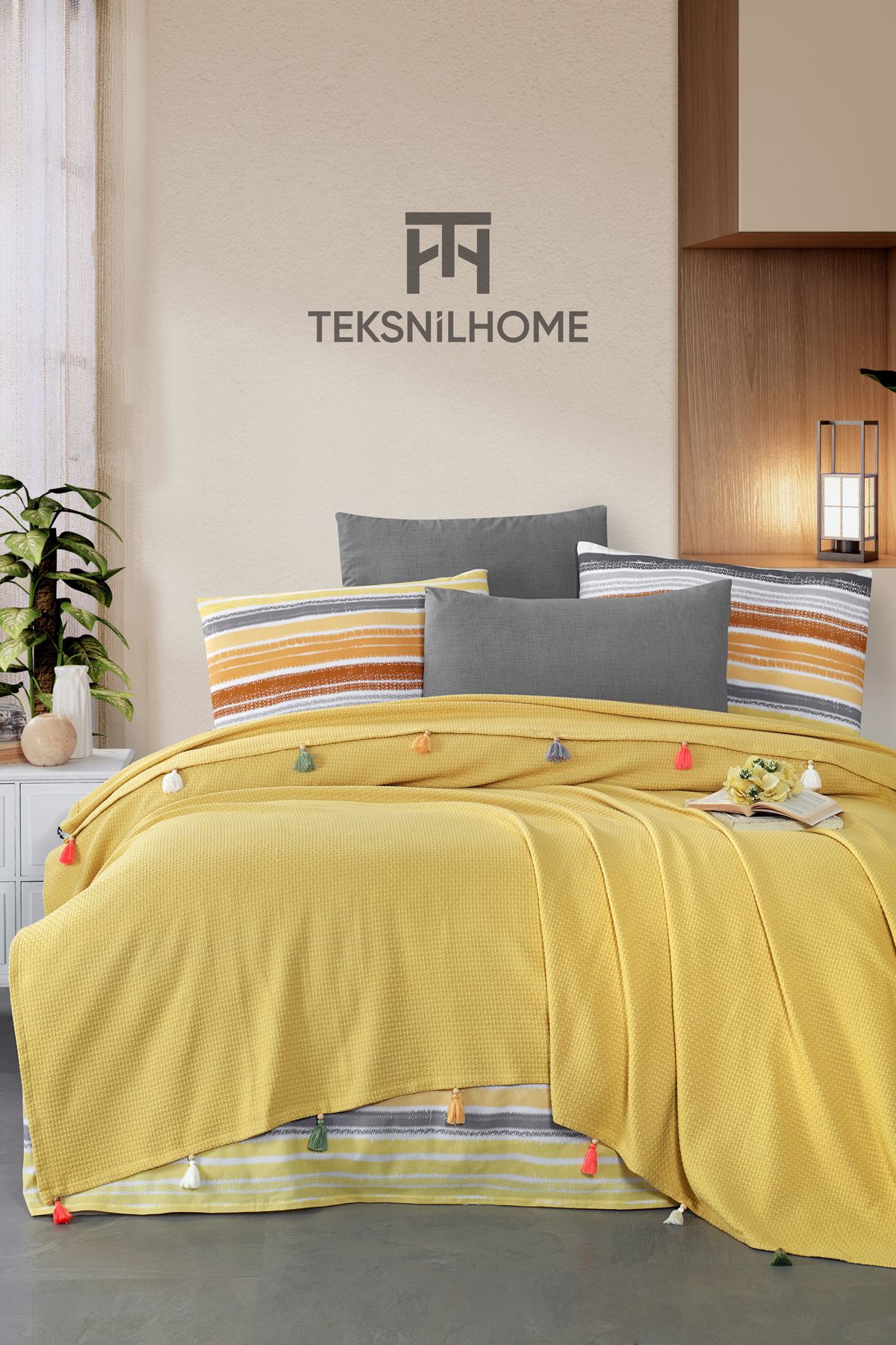 TeksNil Home %100 Pamuklu Valeria Tassel Çift Kişilik Püsküllü Pike Takımı(Çarşaf,Pike,Yastık Kılıfı)