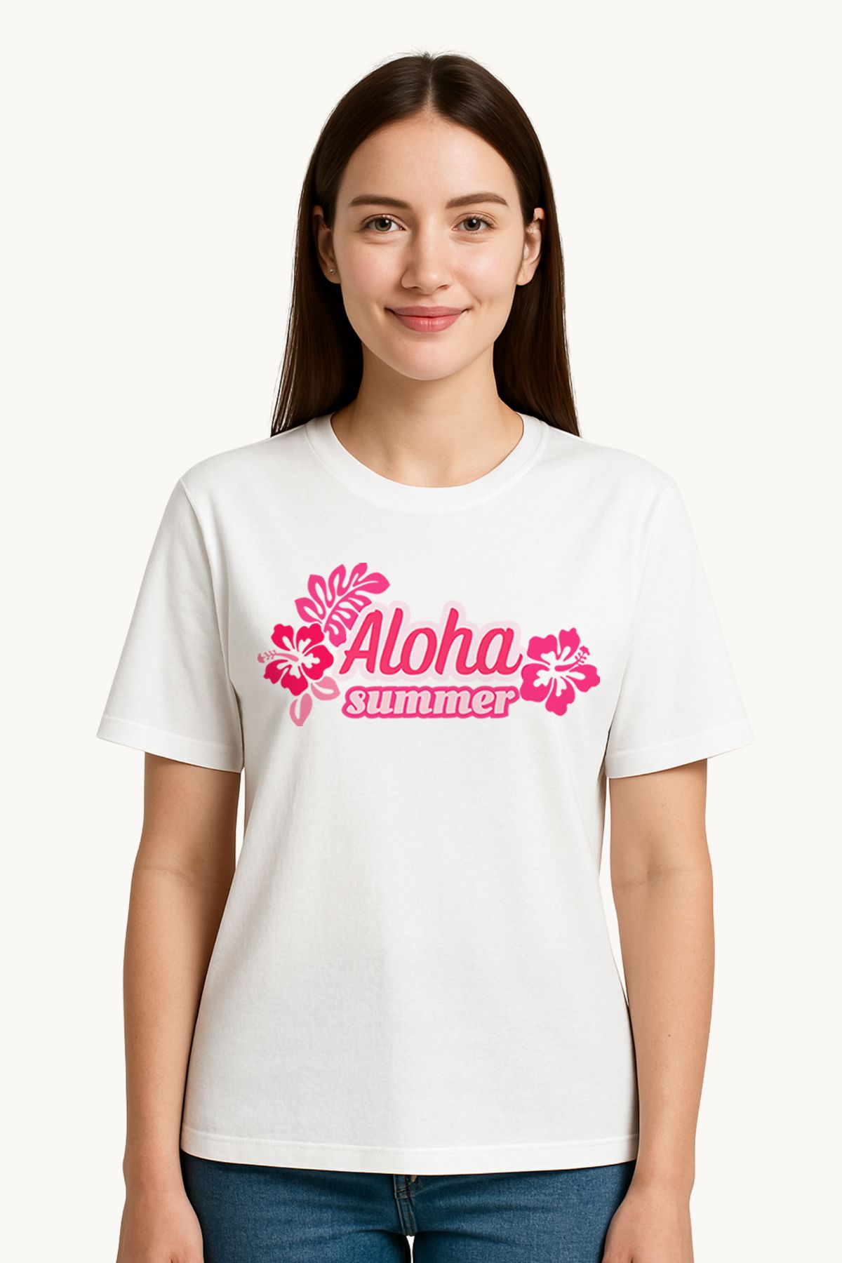 FANA Kadın Beyaz Tişört Retro Aloha Summer Yazılı Çiçek Baskılı Yazlık