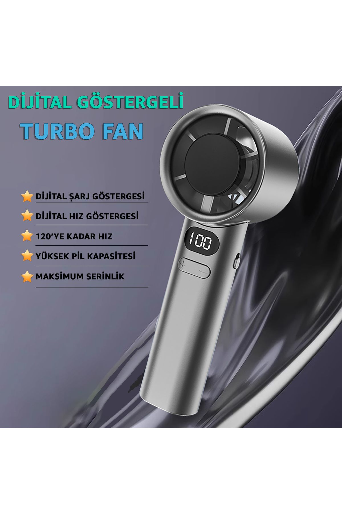 ROBEVE Dijital Göstergeli Taşınabilir Şarjlı El Fanı Vantilatör - LCD Ekran - Turbo Fan Vantilatör