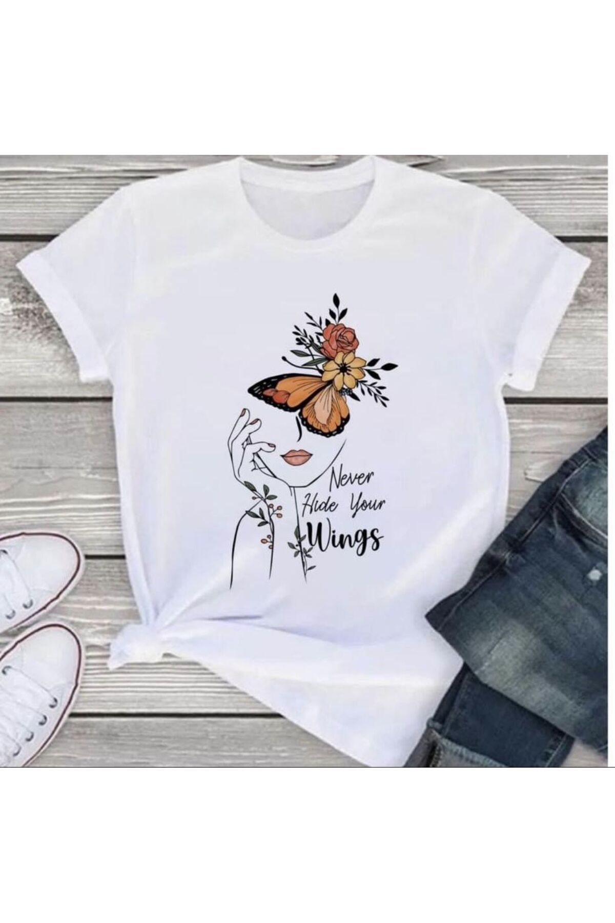 vikitekno oversize kelebekt baskılı tasarım kadın t-shirt