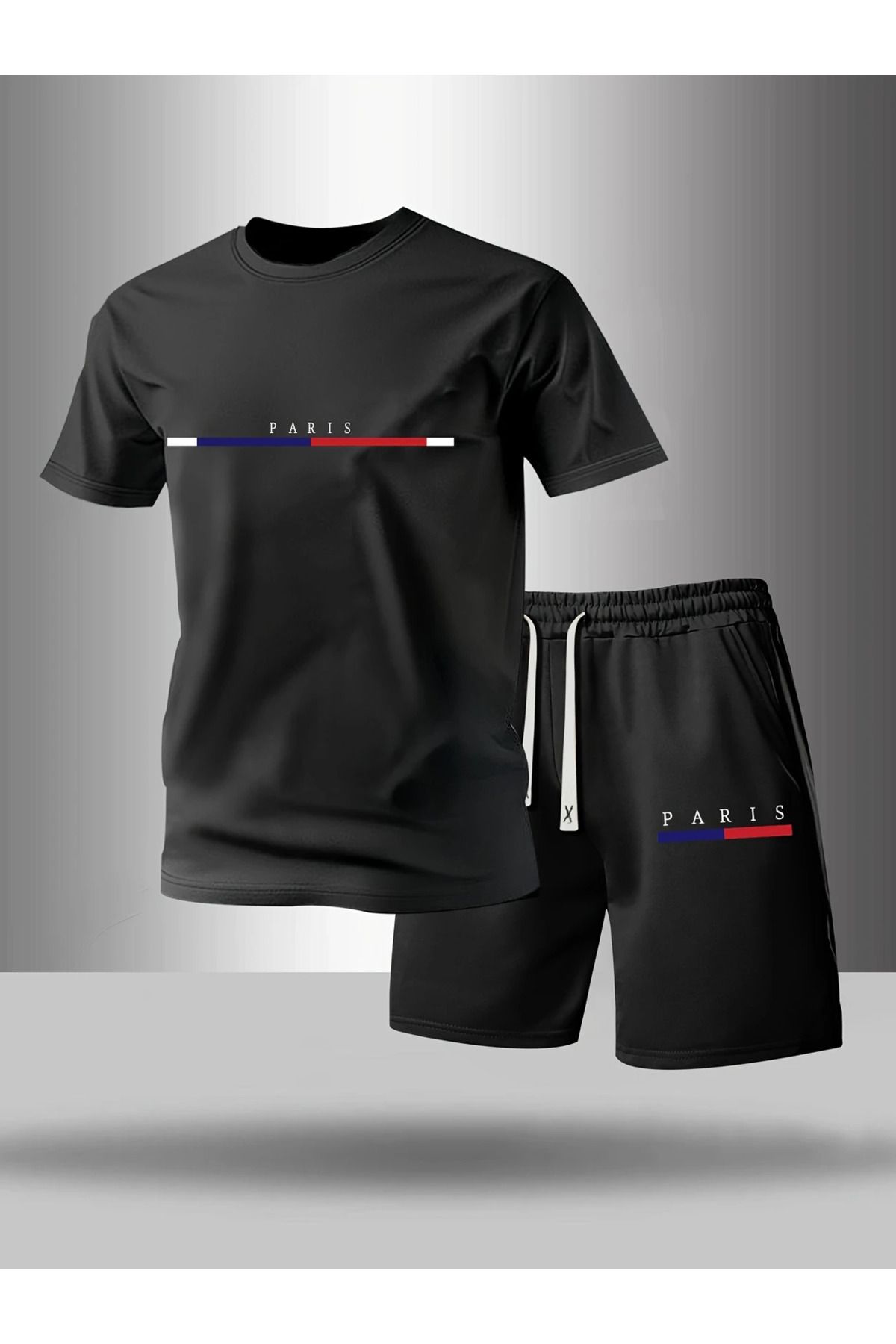 aynewmoda Men's Paris Letter Print T-Shirt & Shorts - Casual Summer Black