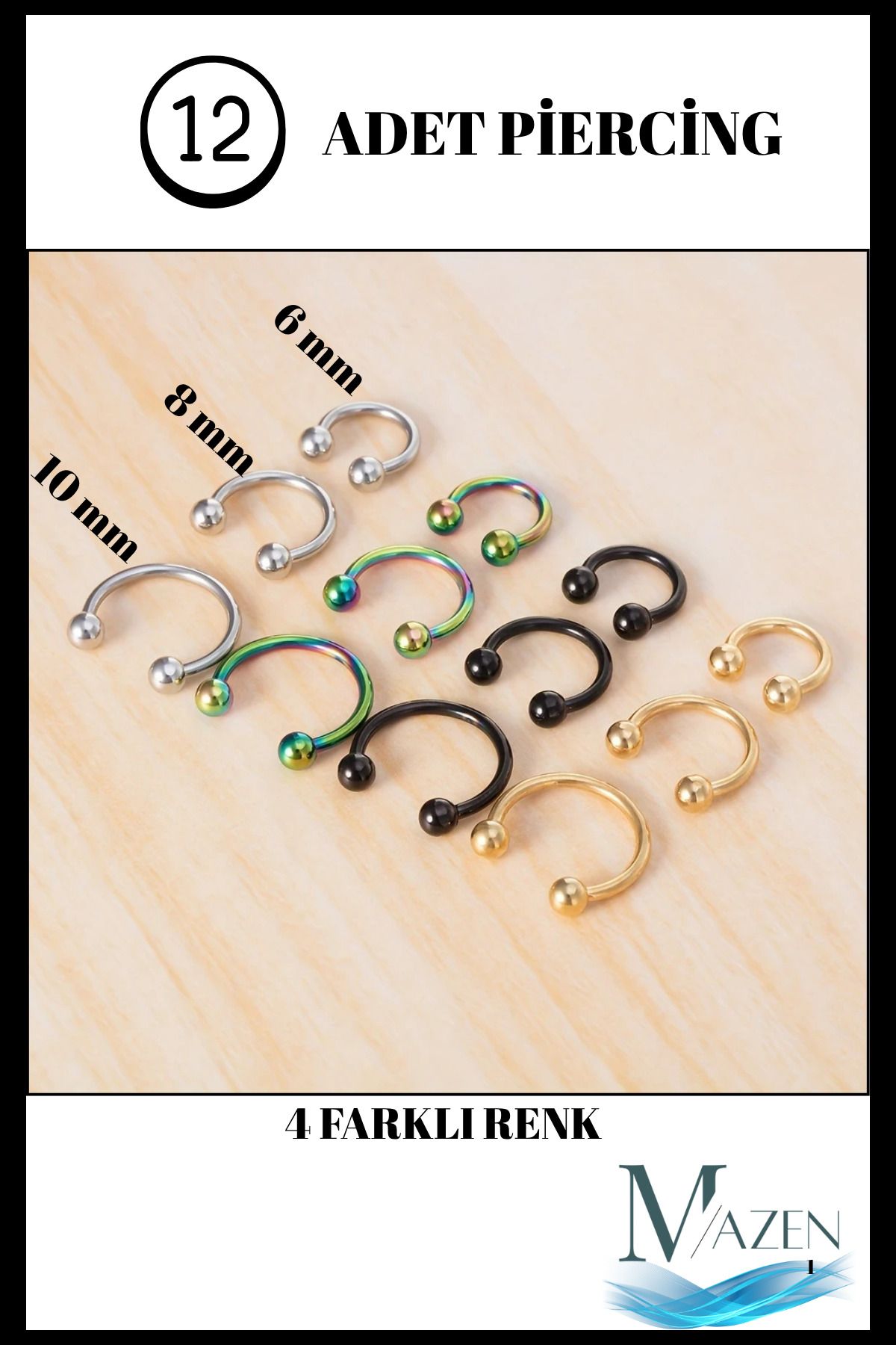 MAZEN 12 Adet Piercing Seti | 4 Renk 3 Boy Tam Set | Kararmaz %100 Cerrahi Çelik