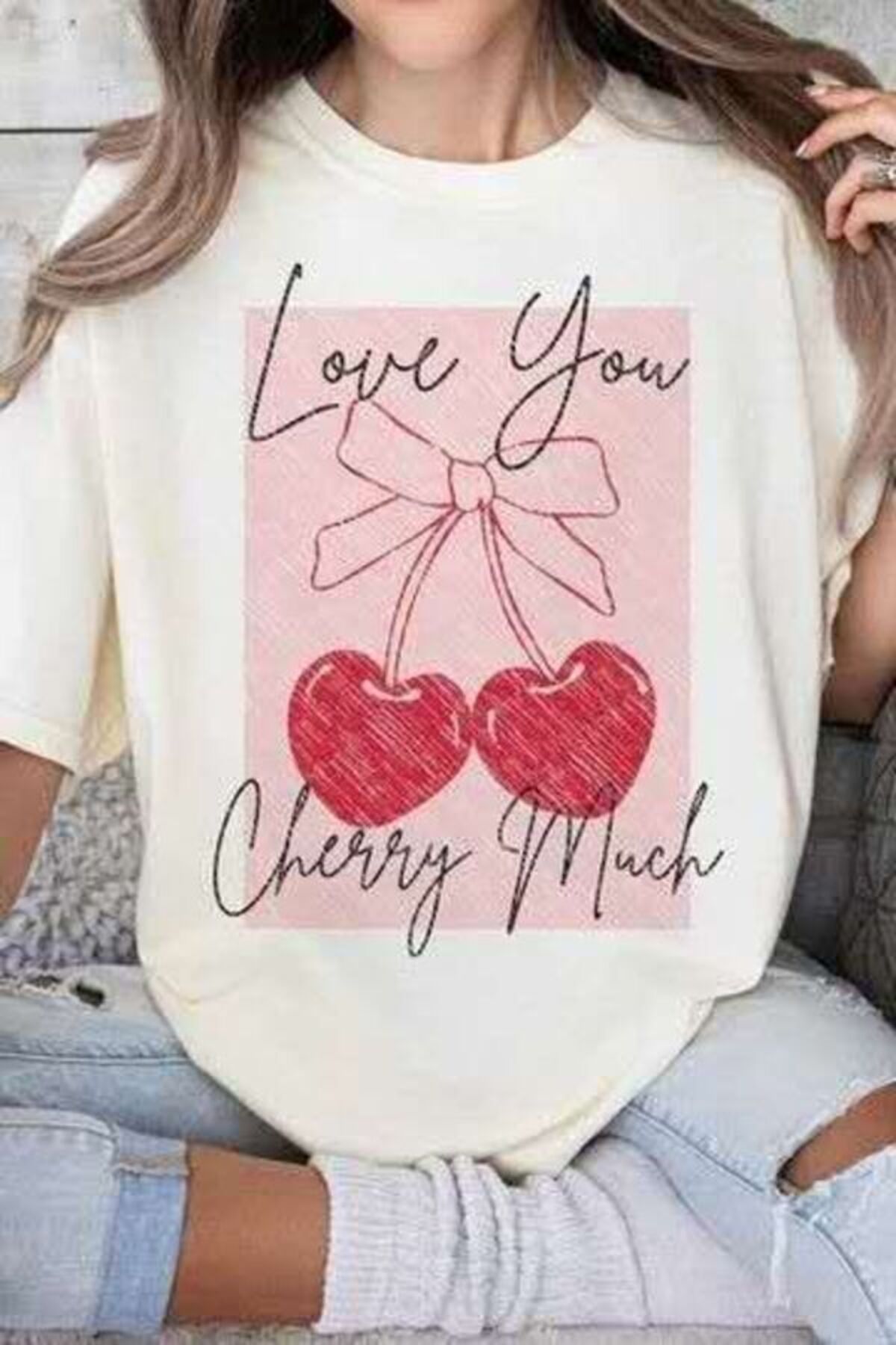 Oasis kadın oversize cherry much baskılı bisiklet yaka t-shirt