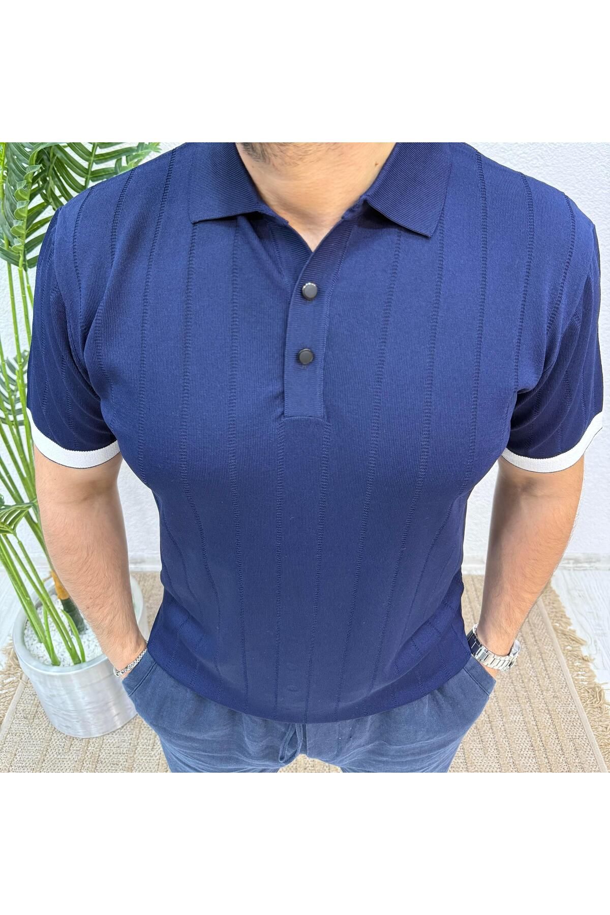 Yubacollection Rayon Triko Tshirt Kolu Çizgili Lacivert