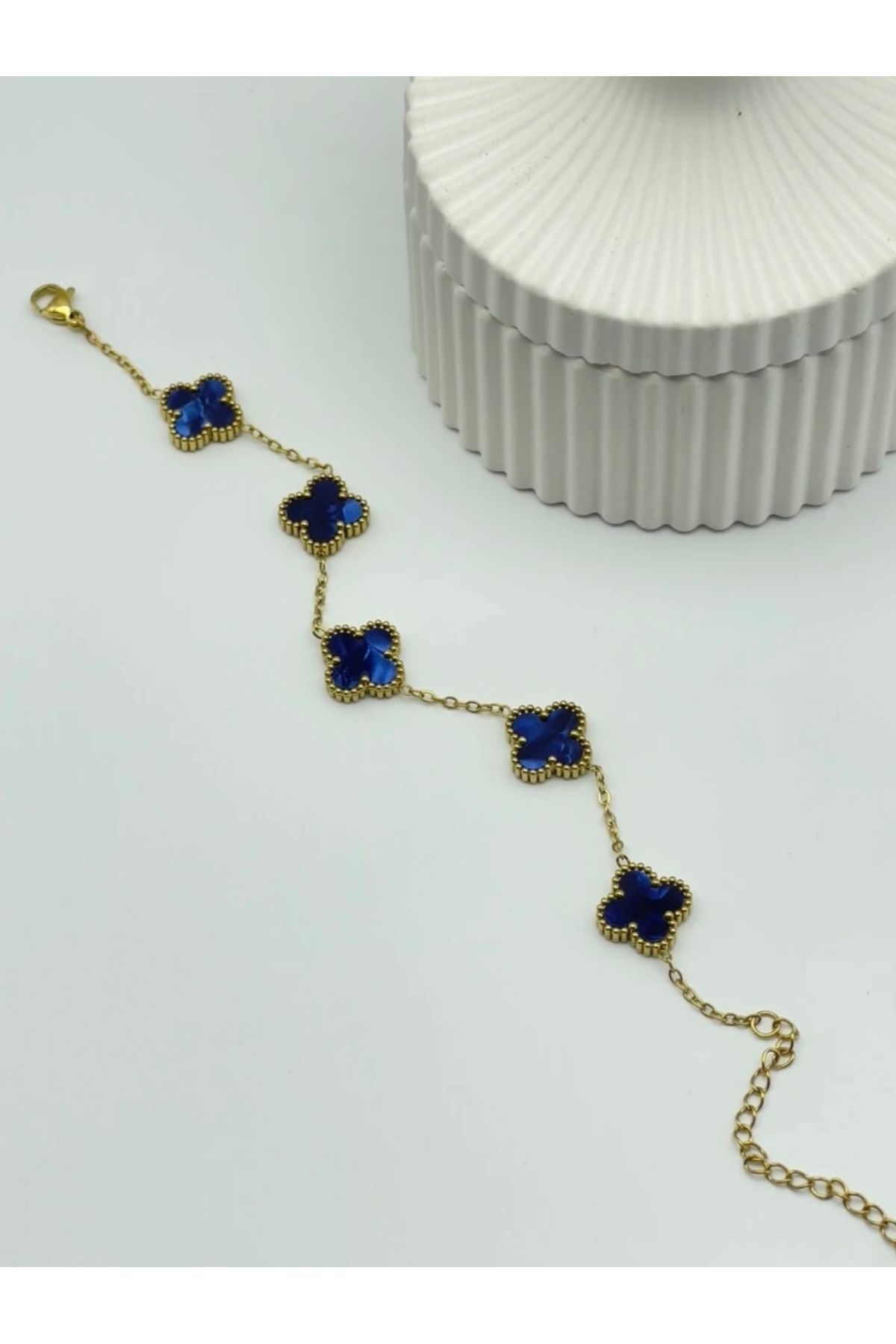 EnazStore 316l Çelik Gold Zincir 5 Yaprak Yonca Model Lacivert bileklik